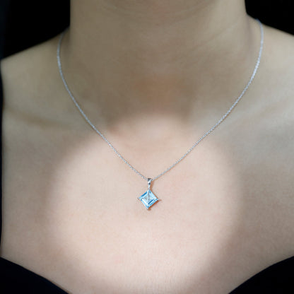 3 Carat Princess Cut Sky Blue Topaz Solitaire Necklace with Silver Chain