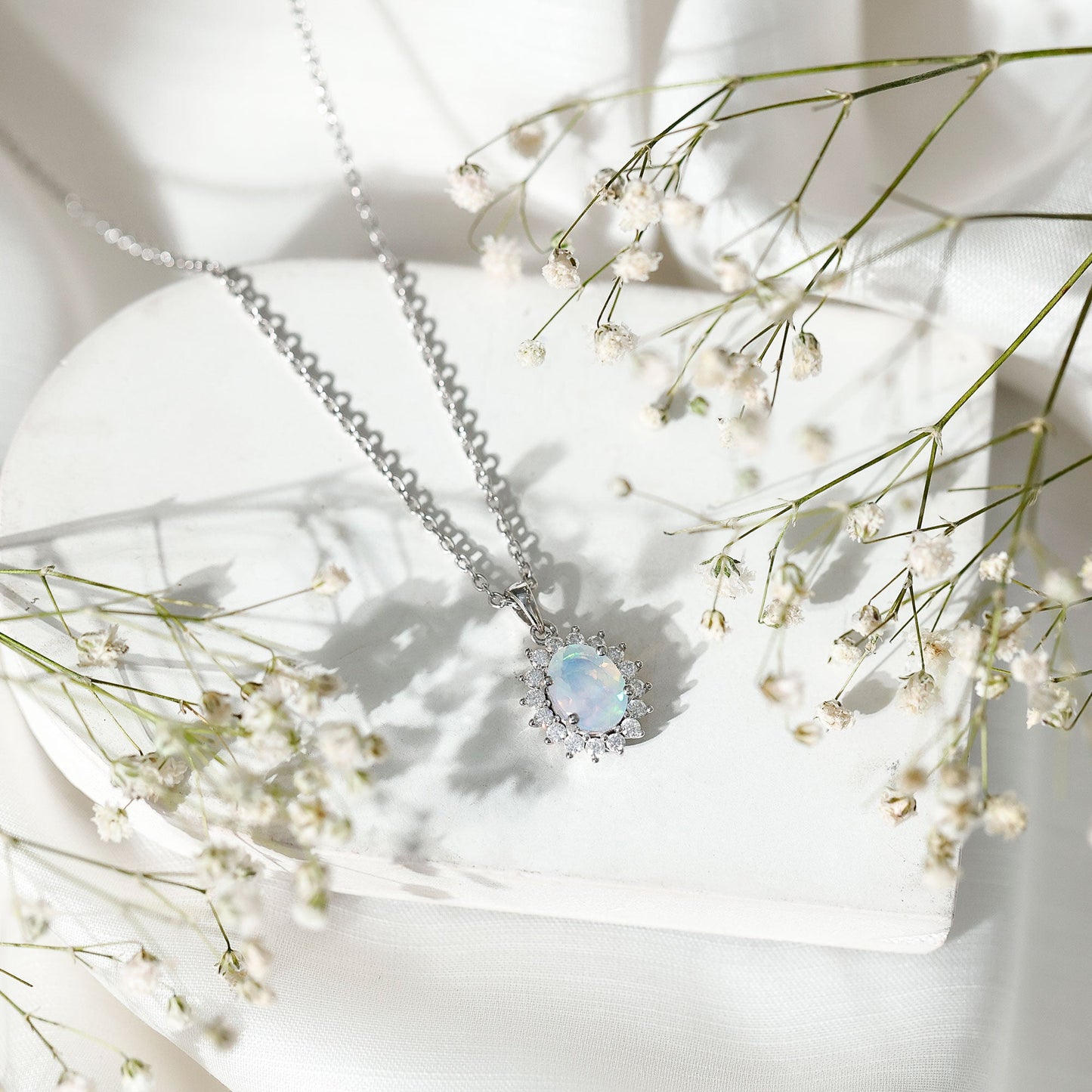 Real 1.9 Carat Ethiopian Opal Halo Necklace With Silver Chain