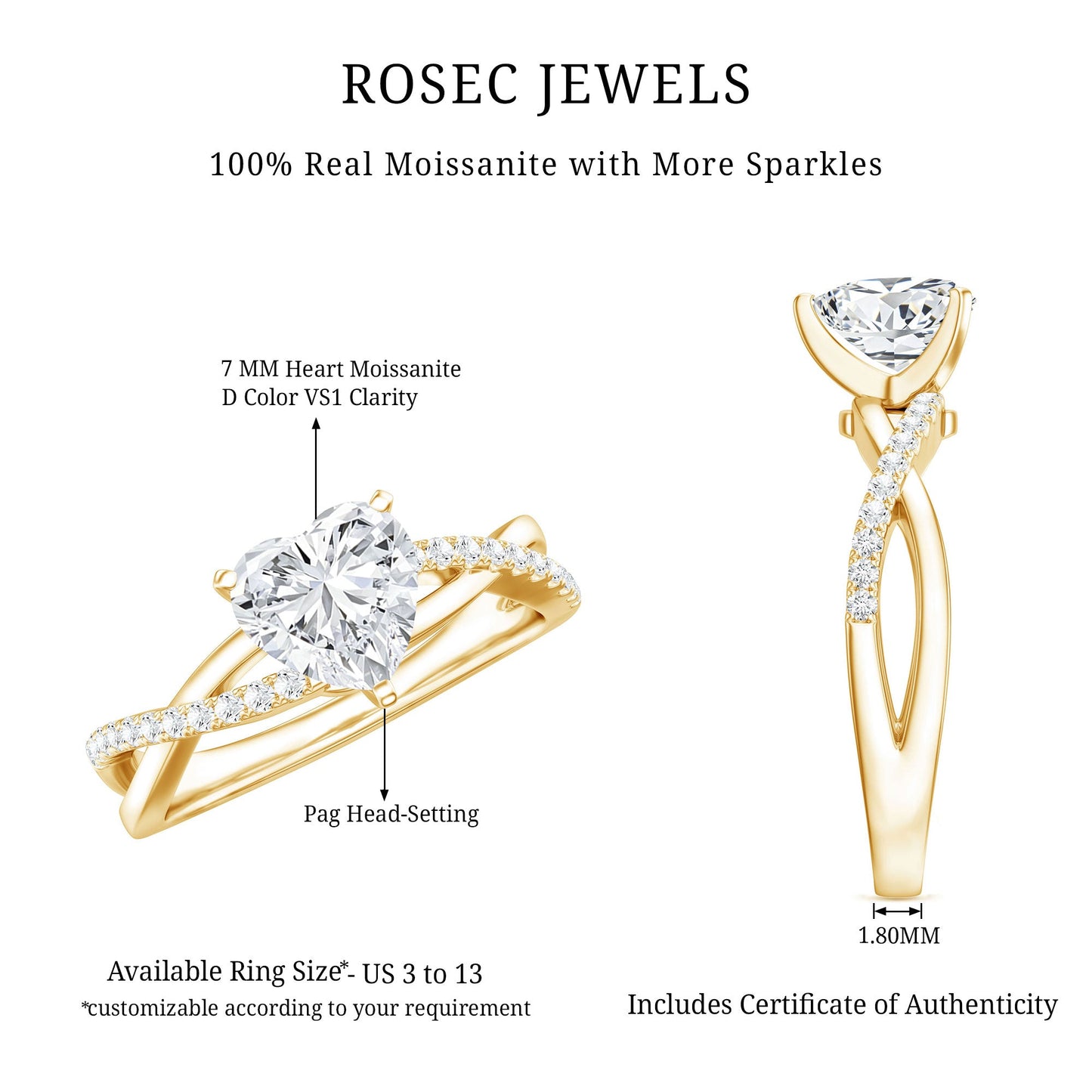Heart Shape Moissanite Crossover Engagement Ring for Her