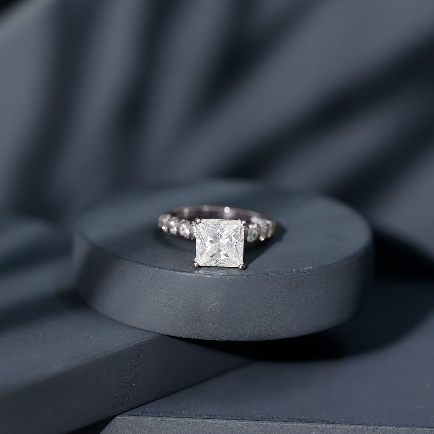 Princess Cut 3 Carat Moissanite Solitaire Engagement Ring with Side Stones