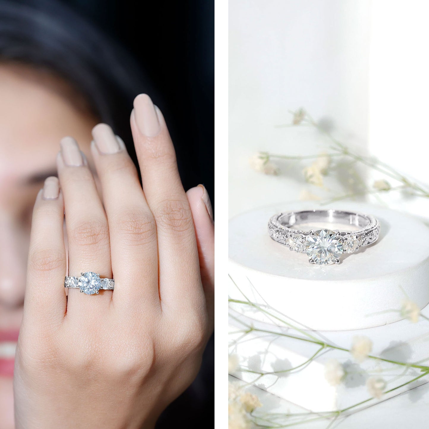 Vintage Style Moissanite 3 Stone Engagement Ring for Women