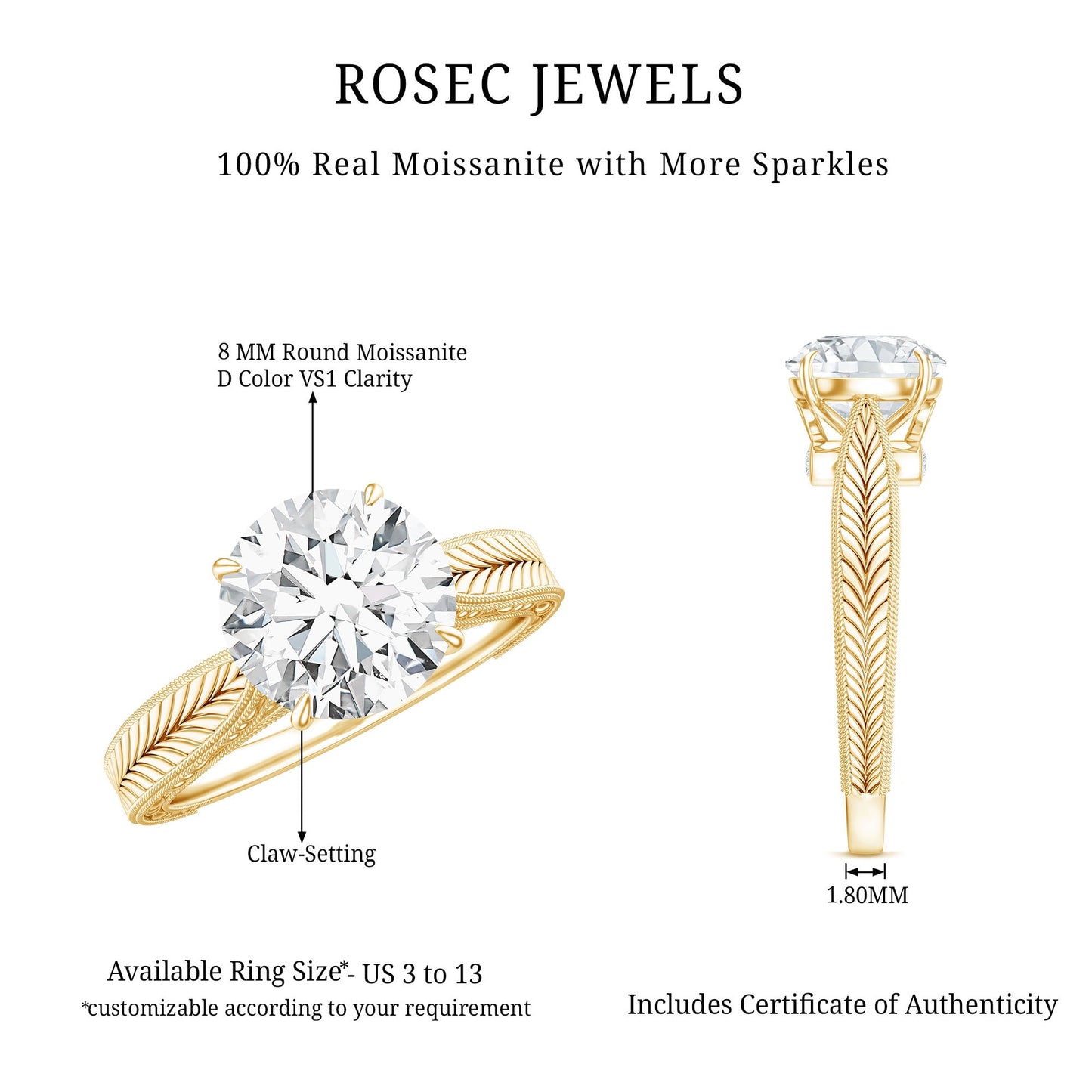 Claw Set Round Moissanite Engraved Engagement Ring