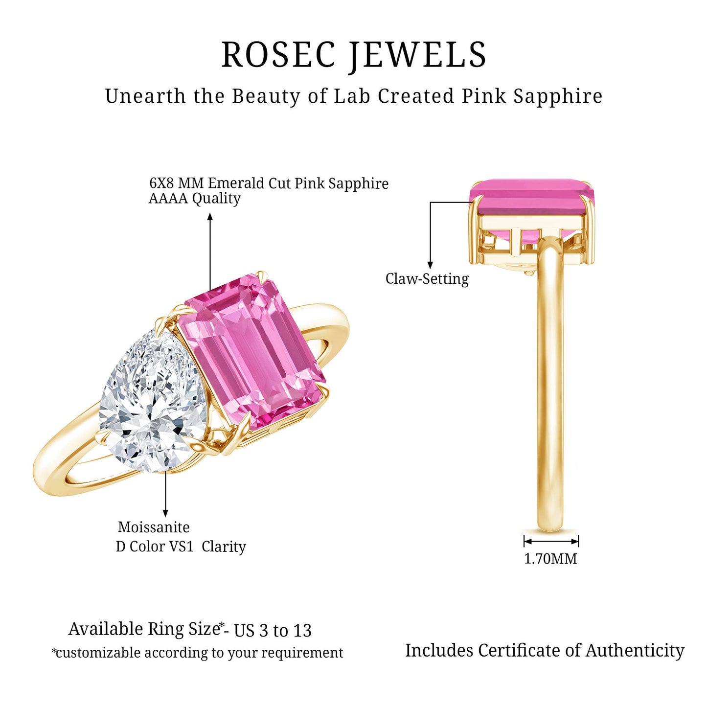 Lab Created Pink Sapphire and Moissanite Toi Et Moi Engagement Ring for Women
