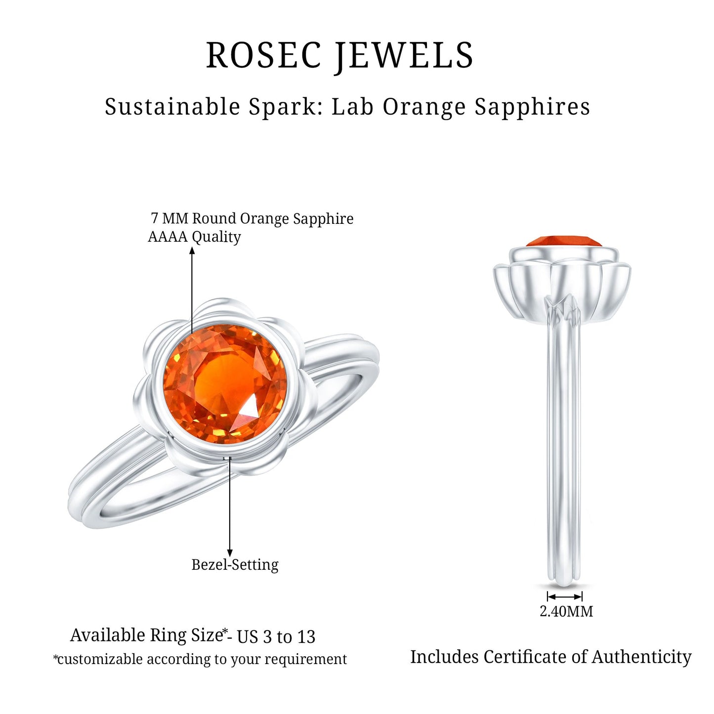 1.6 Carat Lab Grown Orange Sapphire Bezel Set Engagement Ring