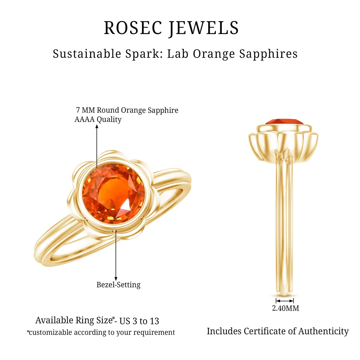 1.6 Carat Lab Grown Orange Sapphire Bezel Set Engagement Ring