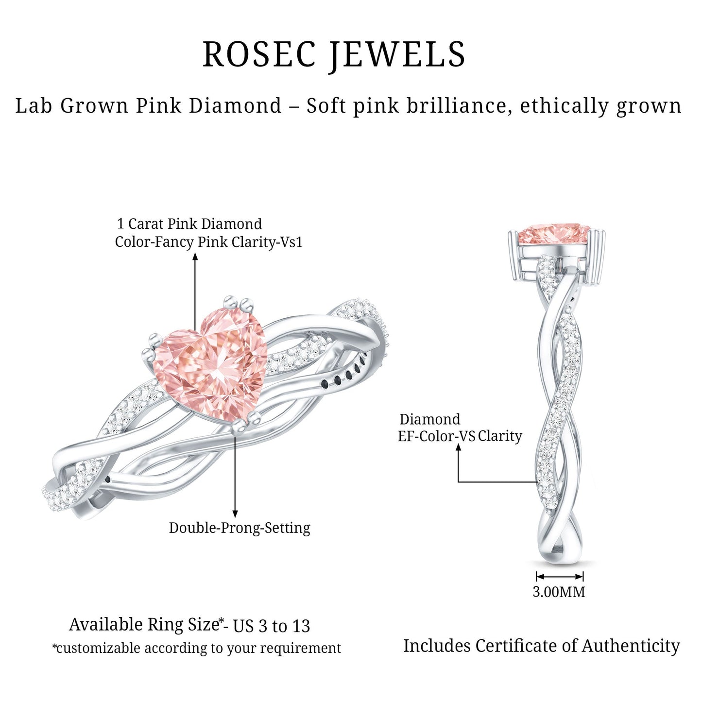 1 CT IGI Certified Lab Grown Pink Diamond Heart Engagement Ring with Crossover Shank
