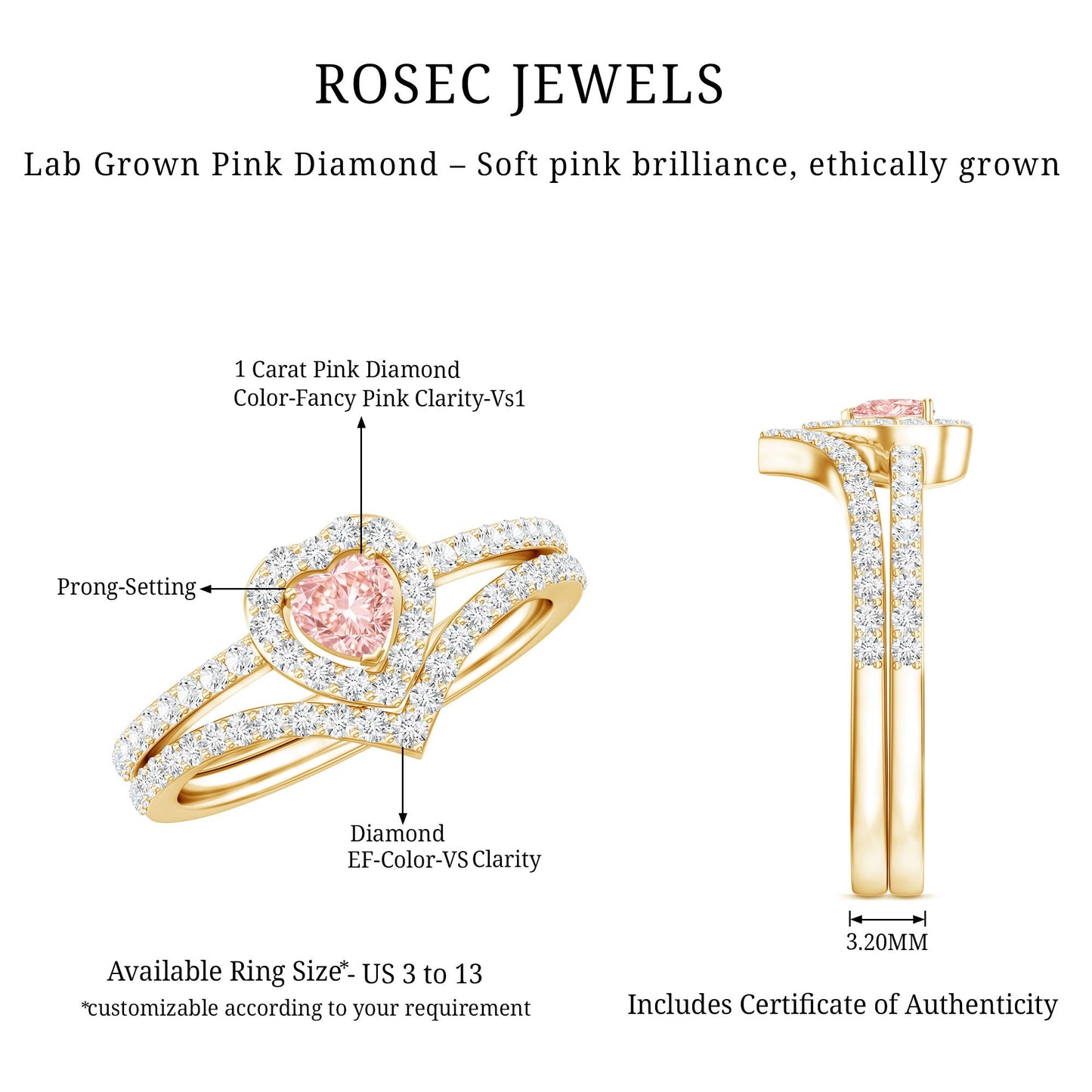 Heart Shape Lab Grown Pink and White Diamond Wedding Ring Set with IGI Certificate