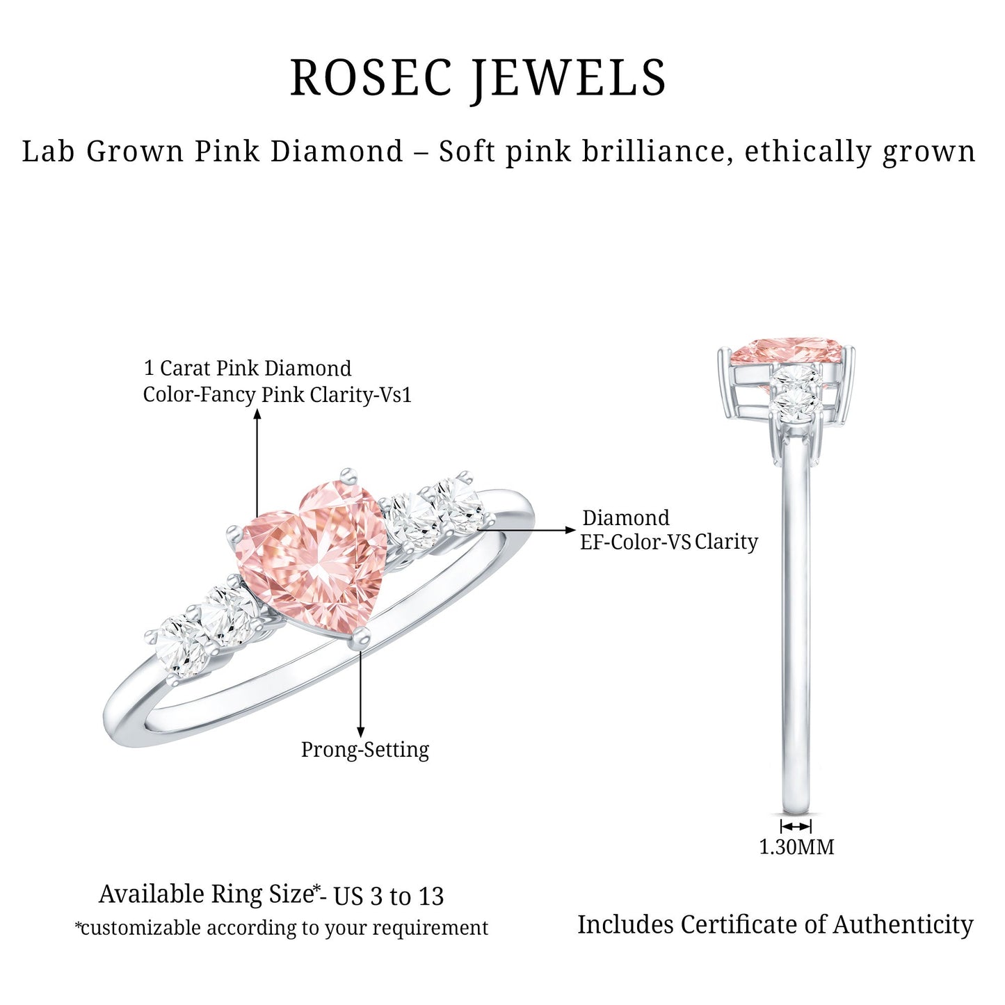 IGI Certified 1 Carat Lab Grown Pink and White Diamond Heart Promise Ring for Her