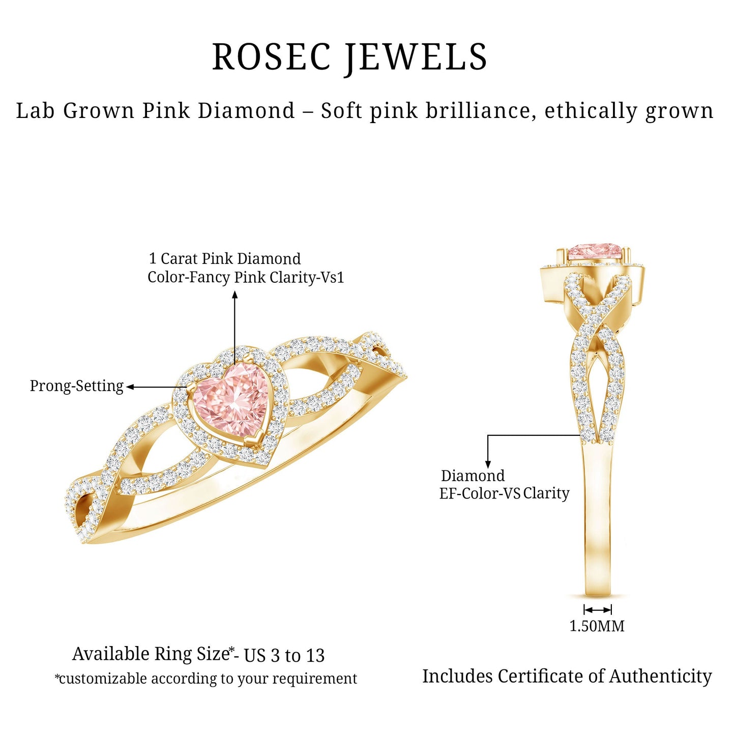 IGI Certified 1 Carat Lab Grown Pink and White Diamond Classic Engagement Ring