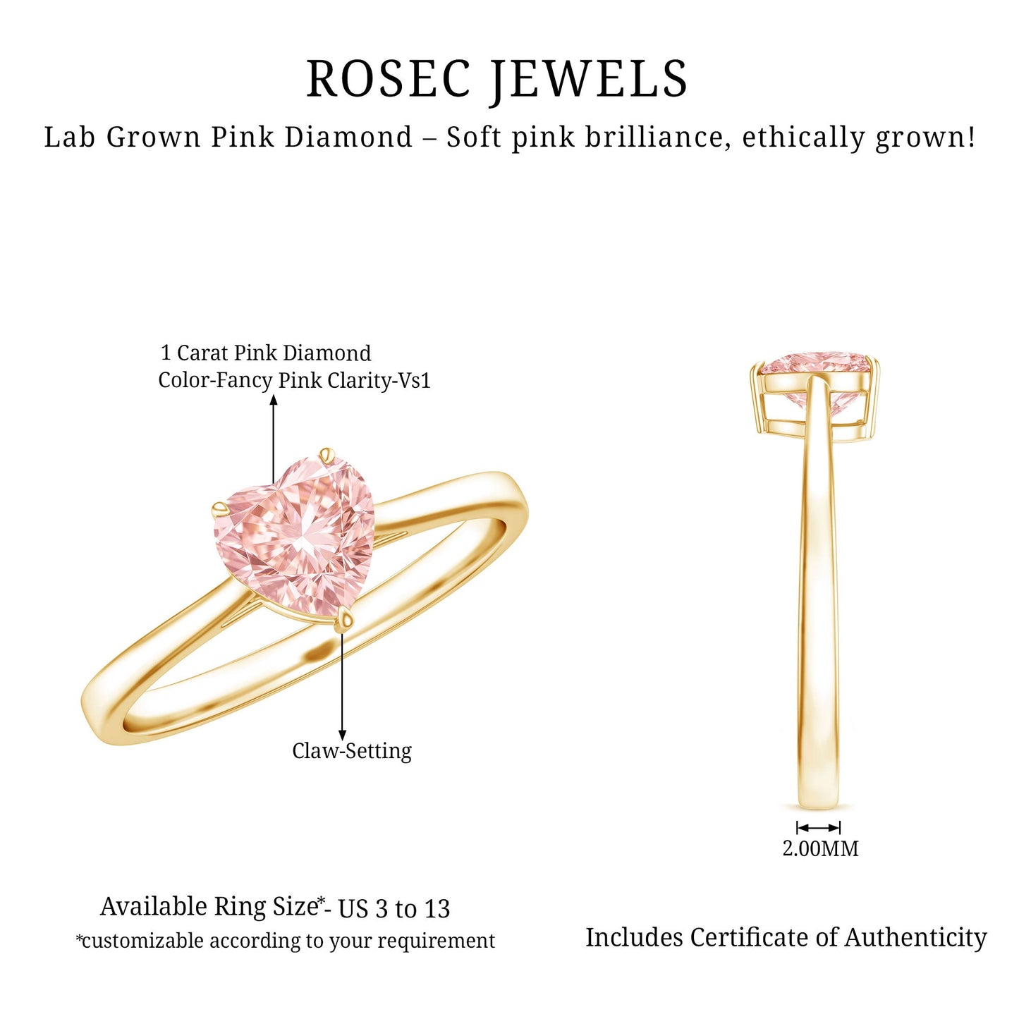 1 CT Lab Grown Pink Diamond Heart Promise Ring with IGI Certificate
