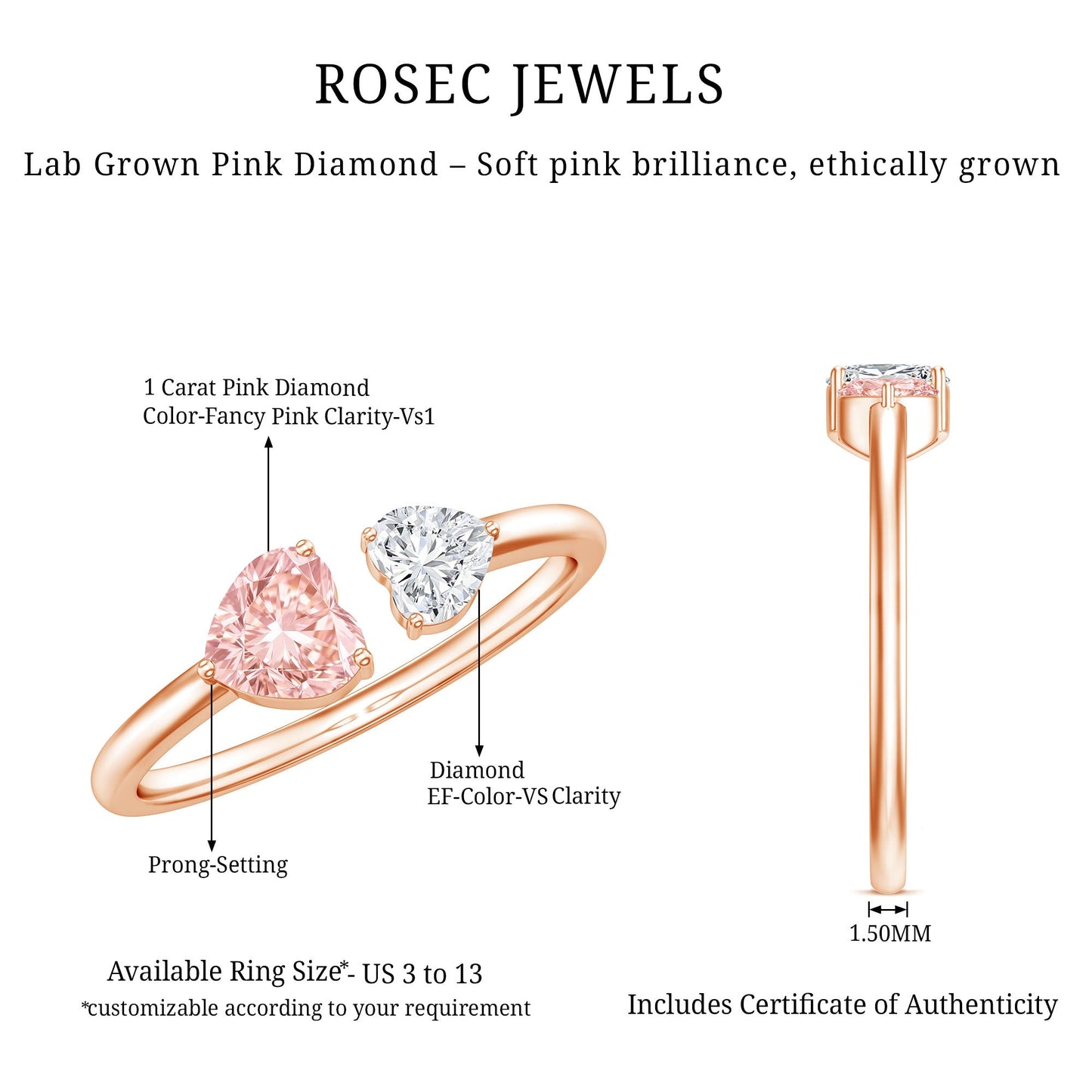 Heart Shape Lab Grown Pink White Diamond Toi Et Moi Promise Ring with IGI Certificate