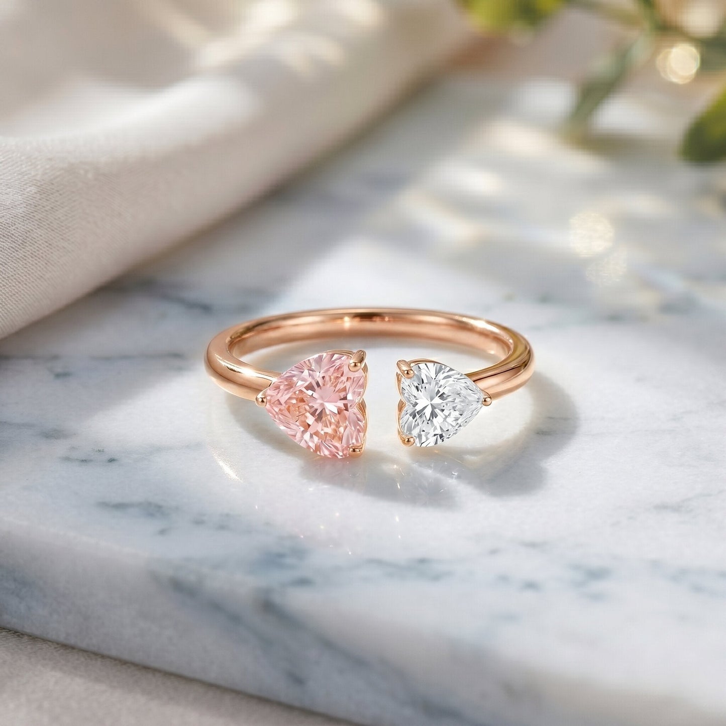 Heart Shape Lab Grown Pink White Diamond Toi Et Moi Promise Ring with IGI Certificate