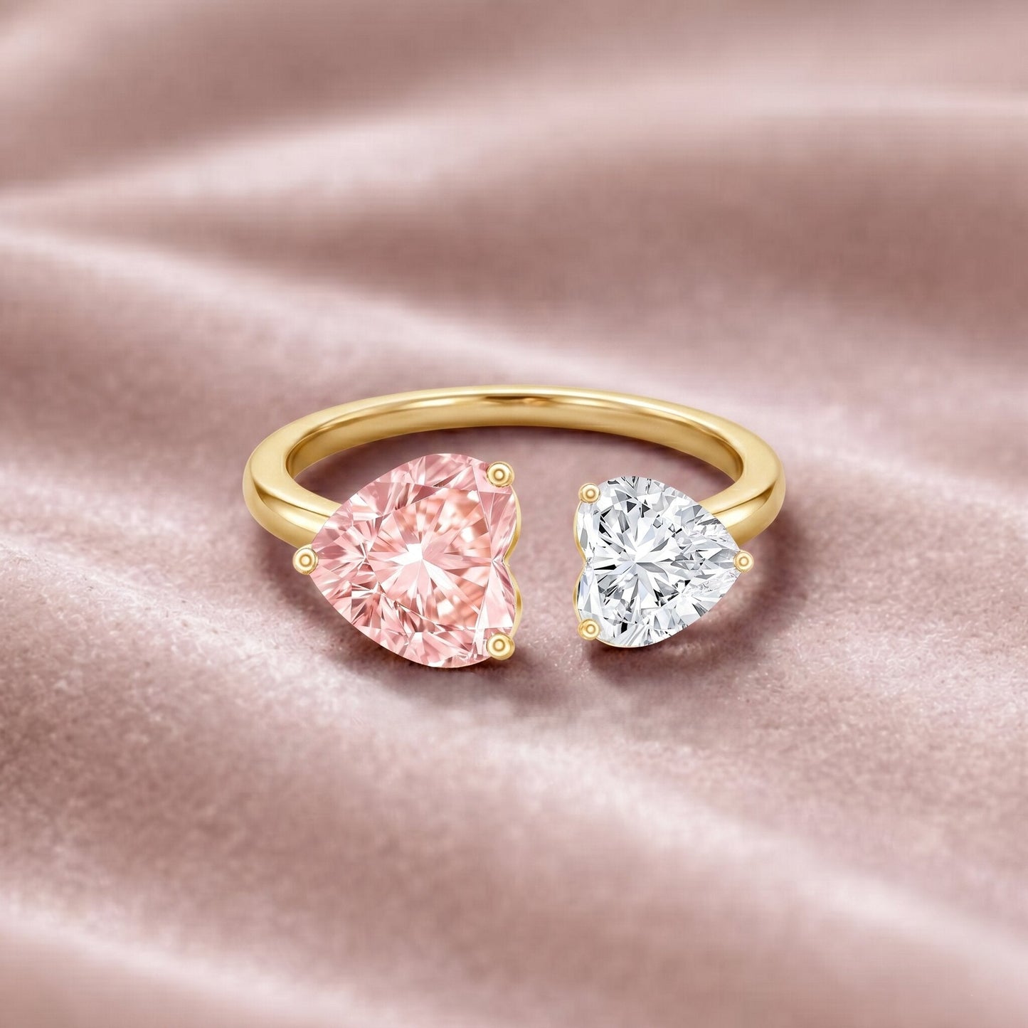 Heart Shape Lab Grown Pink White Diamond Toi Et Moi Promise Ring with IGI Certificate