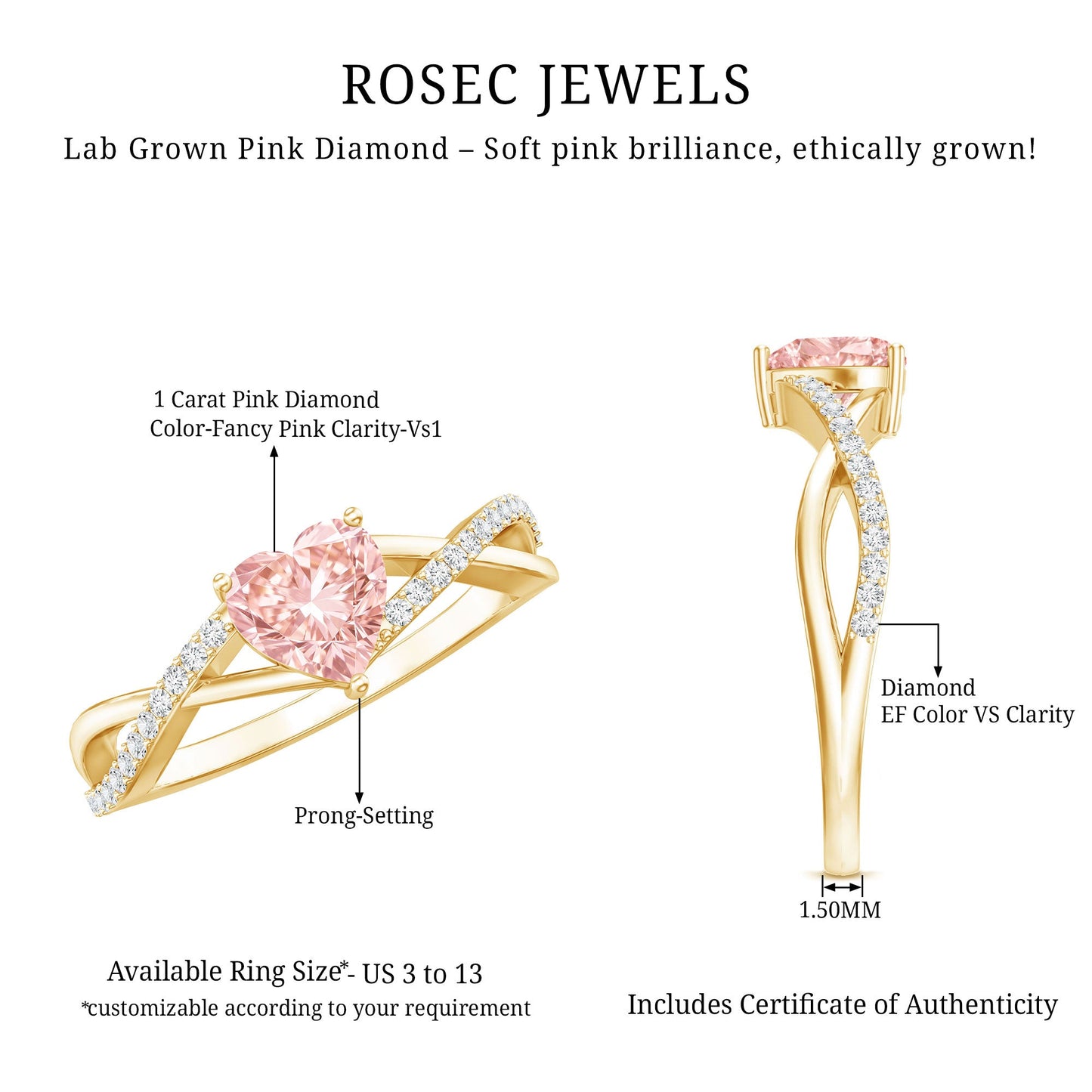 IGI Certified 1 CT Heart Shaped Lab Grown Pink Diamond Infinity Engagement Ring