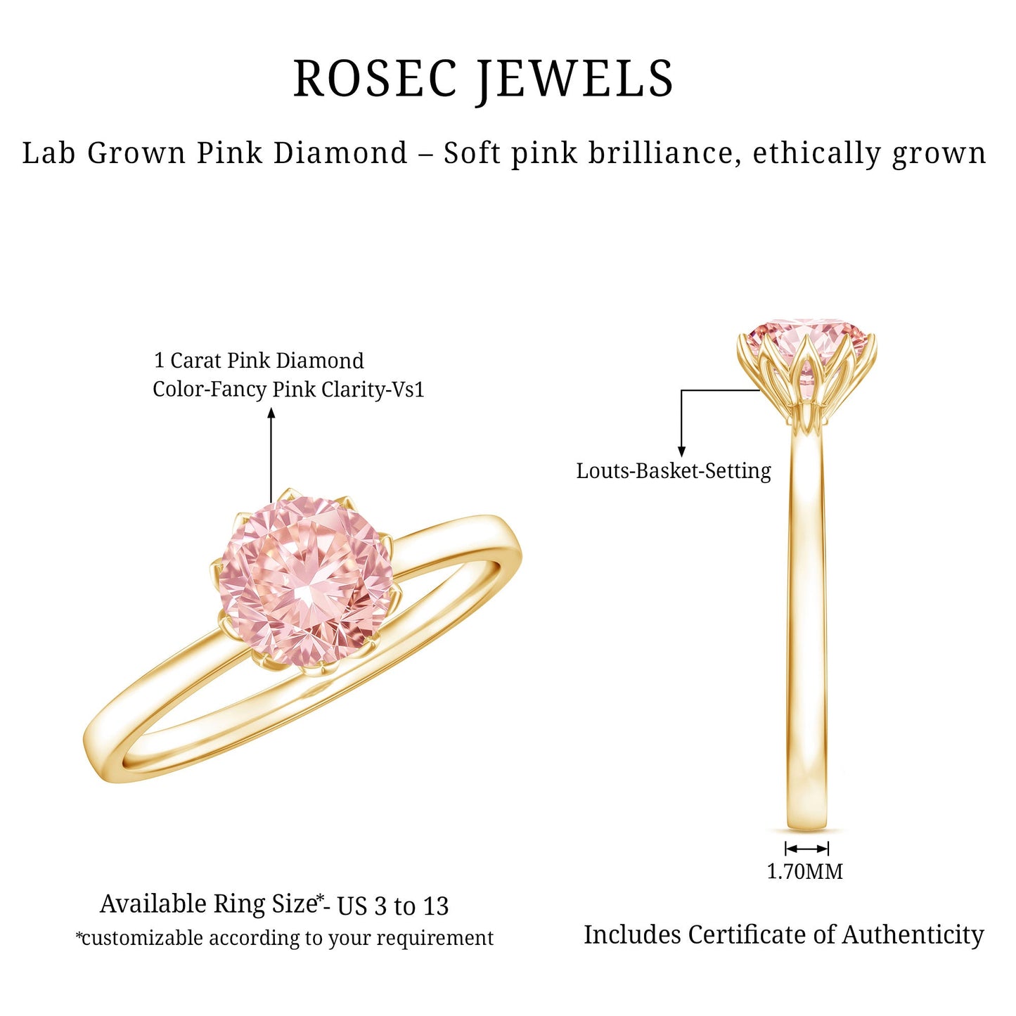 IGI Certified 1 CT Lab Grown Pink Diamond Solitaire Engagement Ring in Lotus Basket Setting