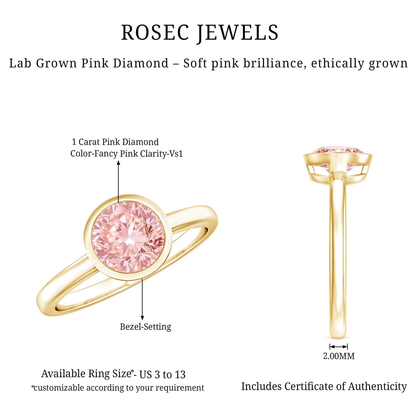 1 CT Lab Grown Pink Diamond Bezel Set Engagement Ring with IGI Certificate