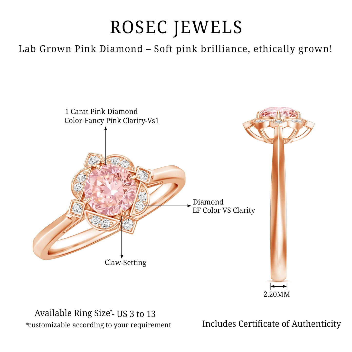 Vintage Inspired Lab Grown Pink Diamond Engagement Ring with IGI Certificate