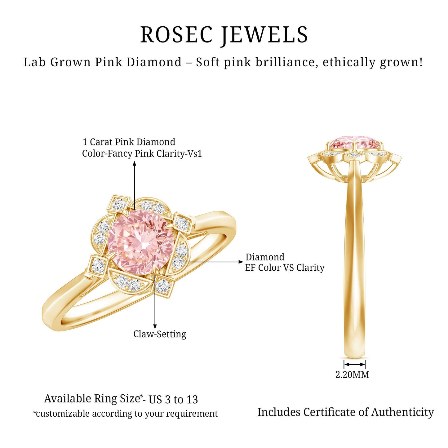 Vintage Inspired Lab Grown Pink Diamond Engagement Ring with IGI Certificate