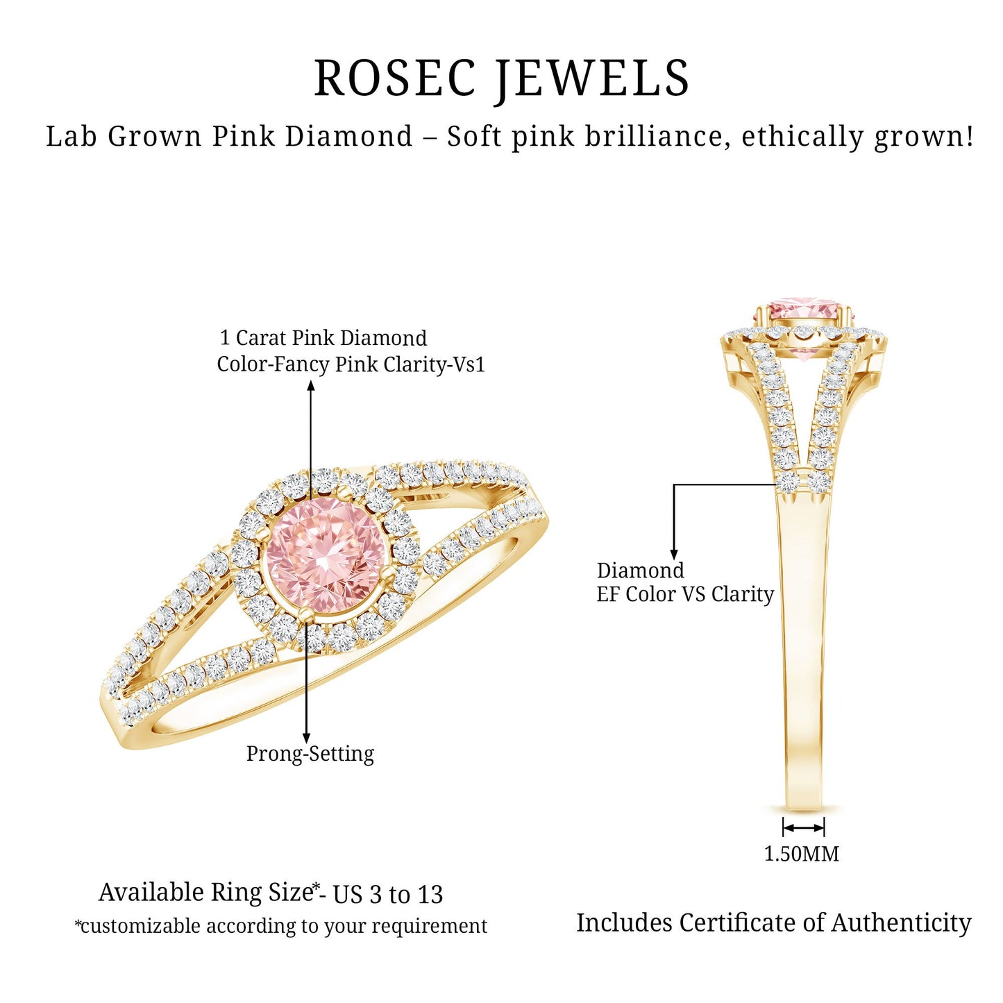 IGI Certified 1 CT Pink Lab Grown Diamond Halo Engagement Ring