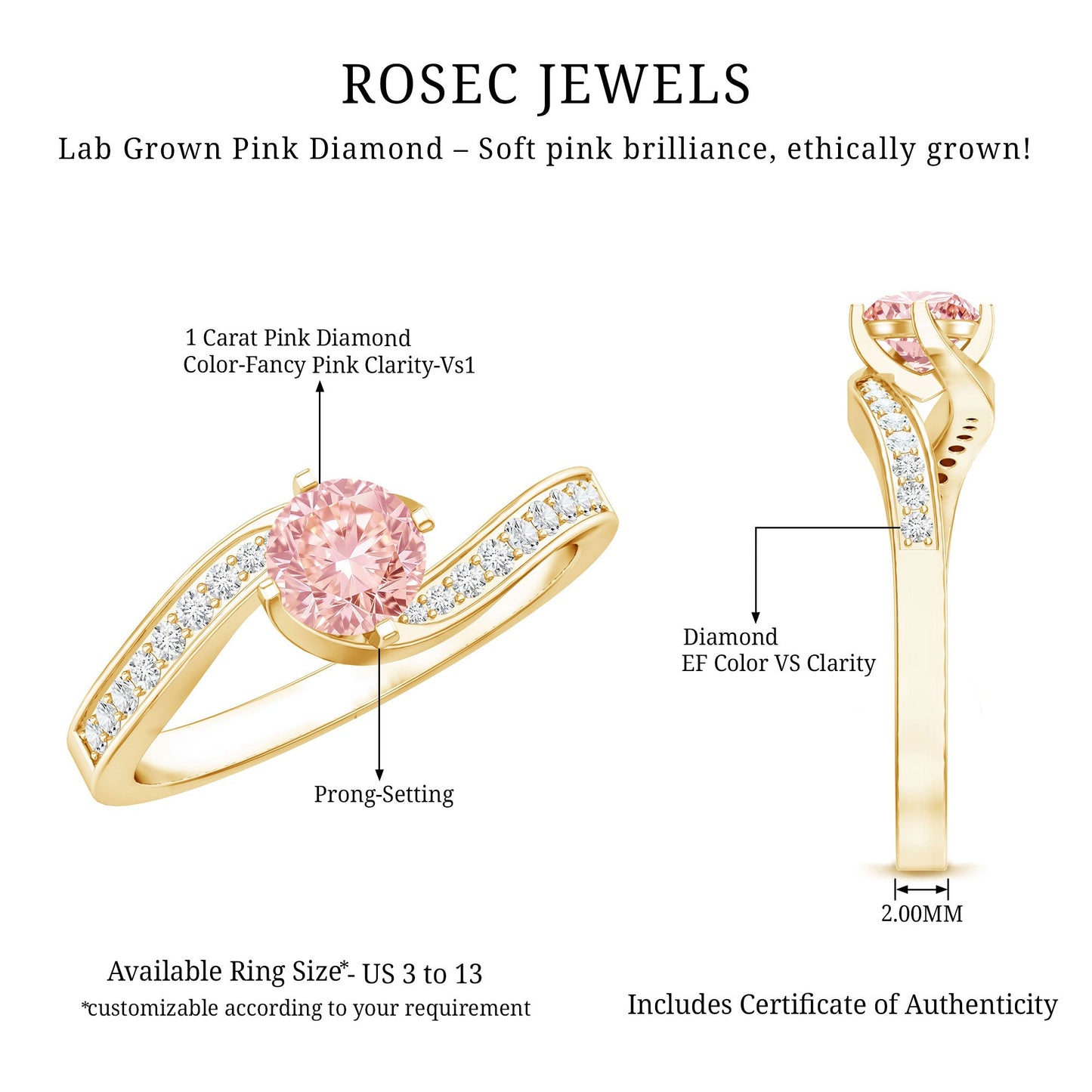 Lab Grown Pink Diamond Bypass Engagement Ring with IGI Certificate