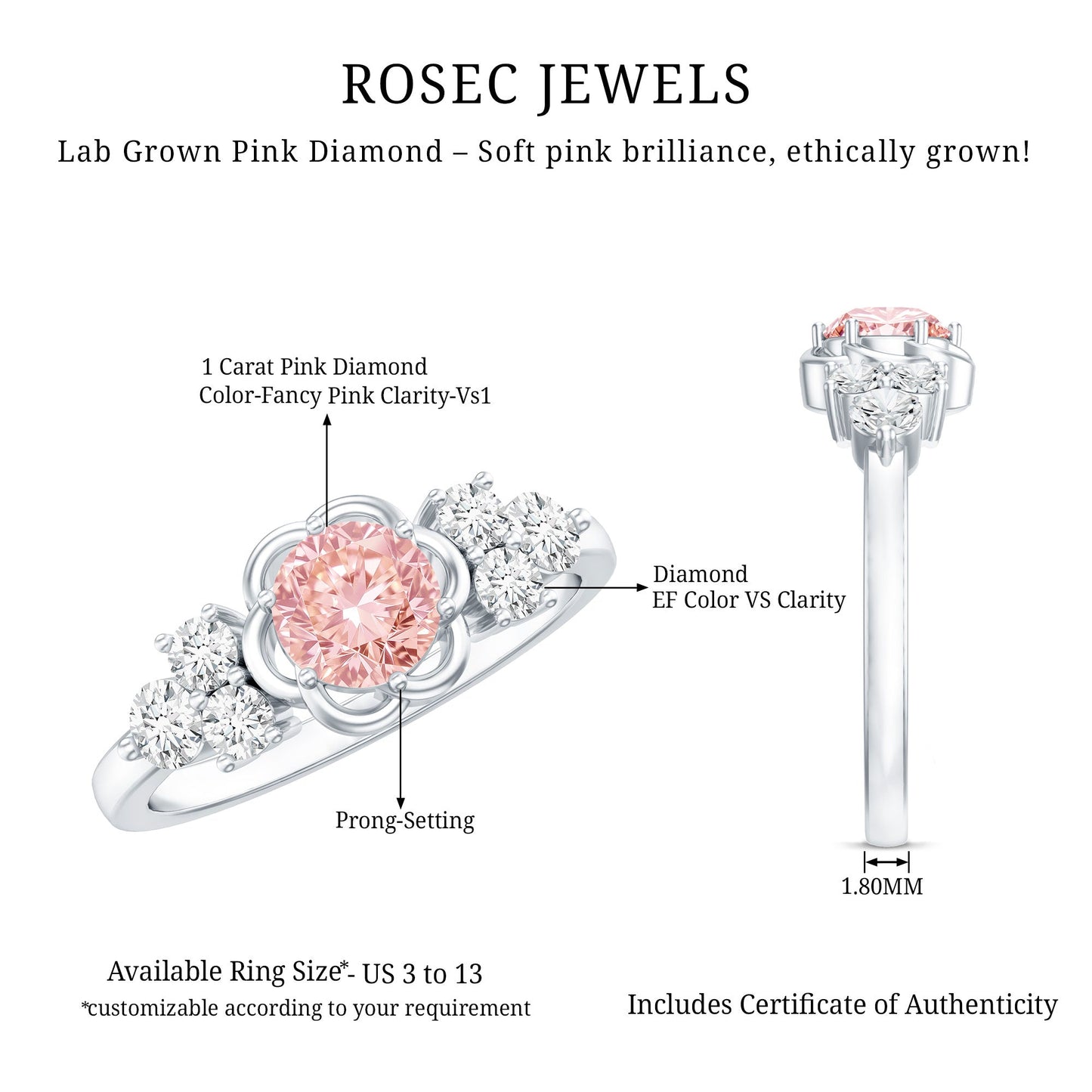 Nature Inspired Lab Grown Pink Diamond Flower Engagement Ring with IGI Certificate