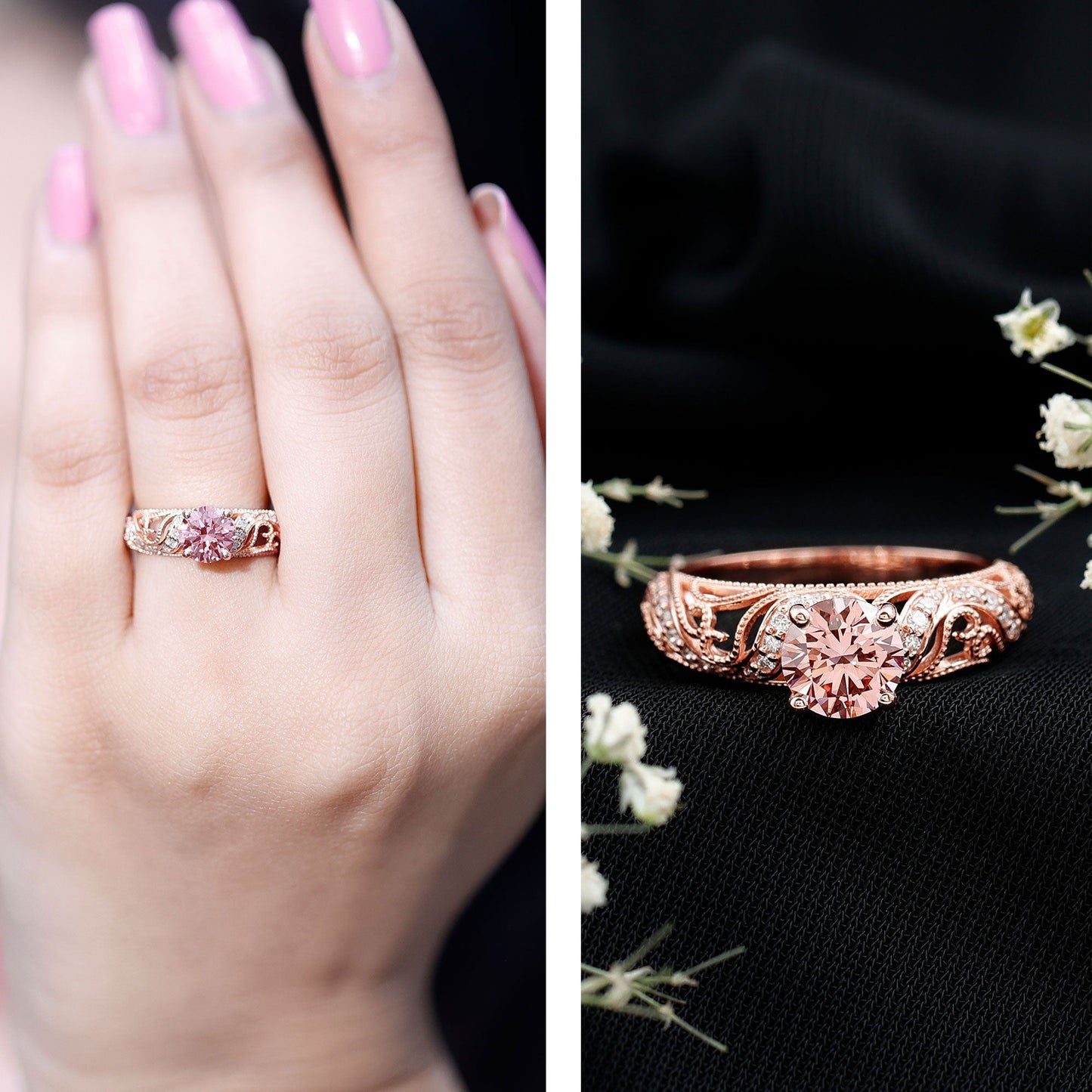 Lab Grown Pink Diamond Vintage Inspired Engagement Ring IGI Certified