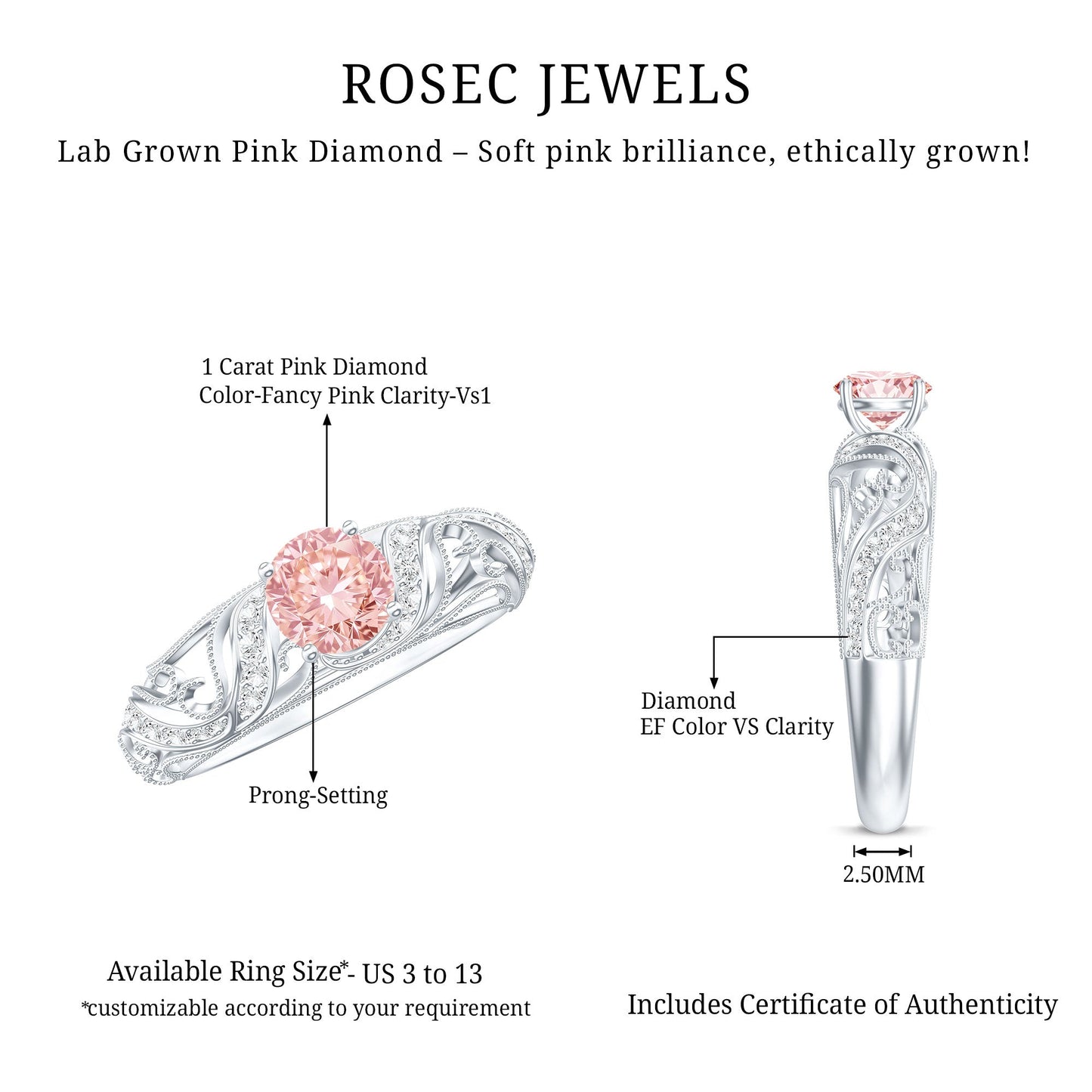 Lab Grown Pink Diamond Vintage Inspired Engagement Ring IGI Certified