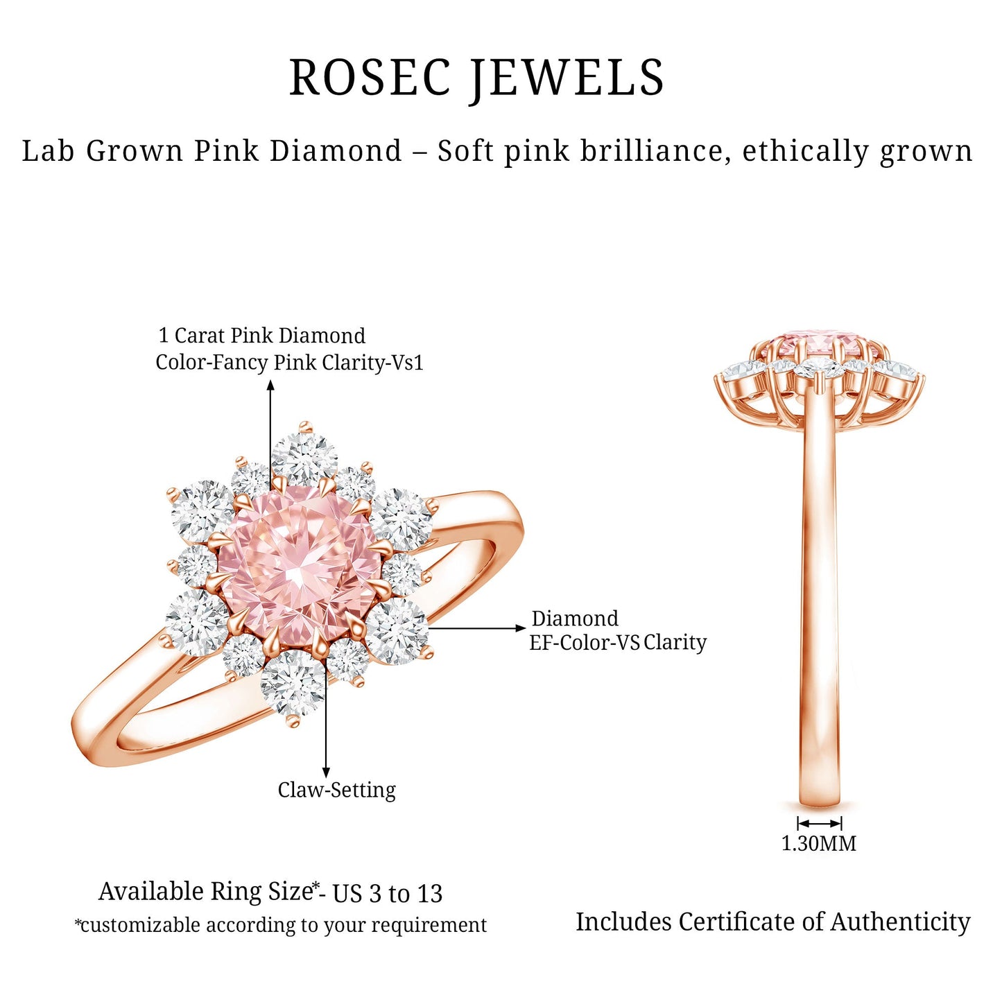 IGI Certified 1 CT Lab Grown Pink and White Diamond Halo Engagement Ring