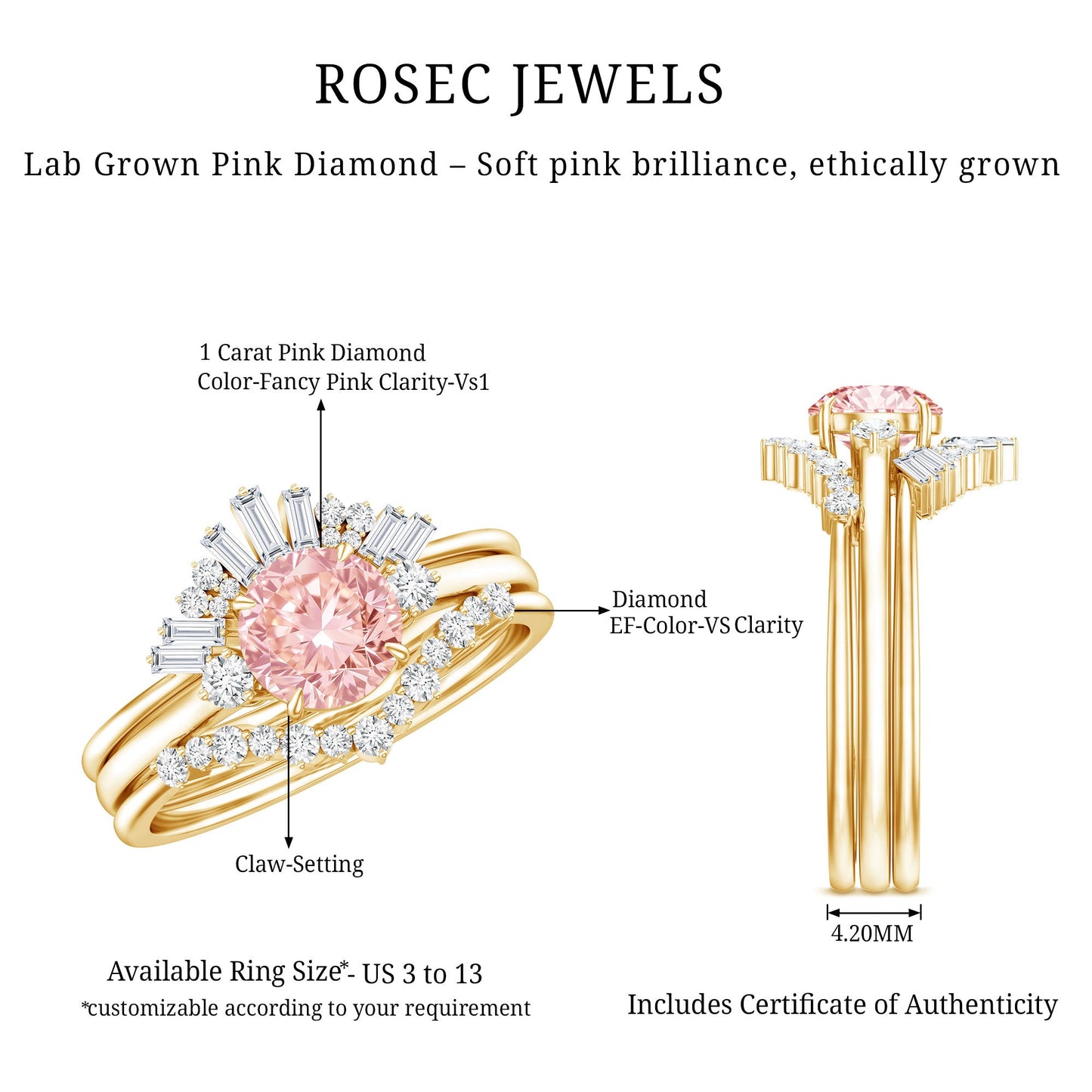IGI Certified Lab Grown Pink White Diamond Trio Wedding Ring Set