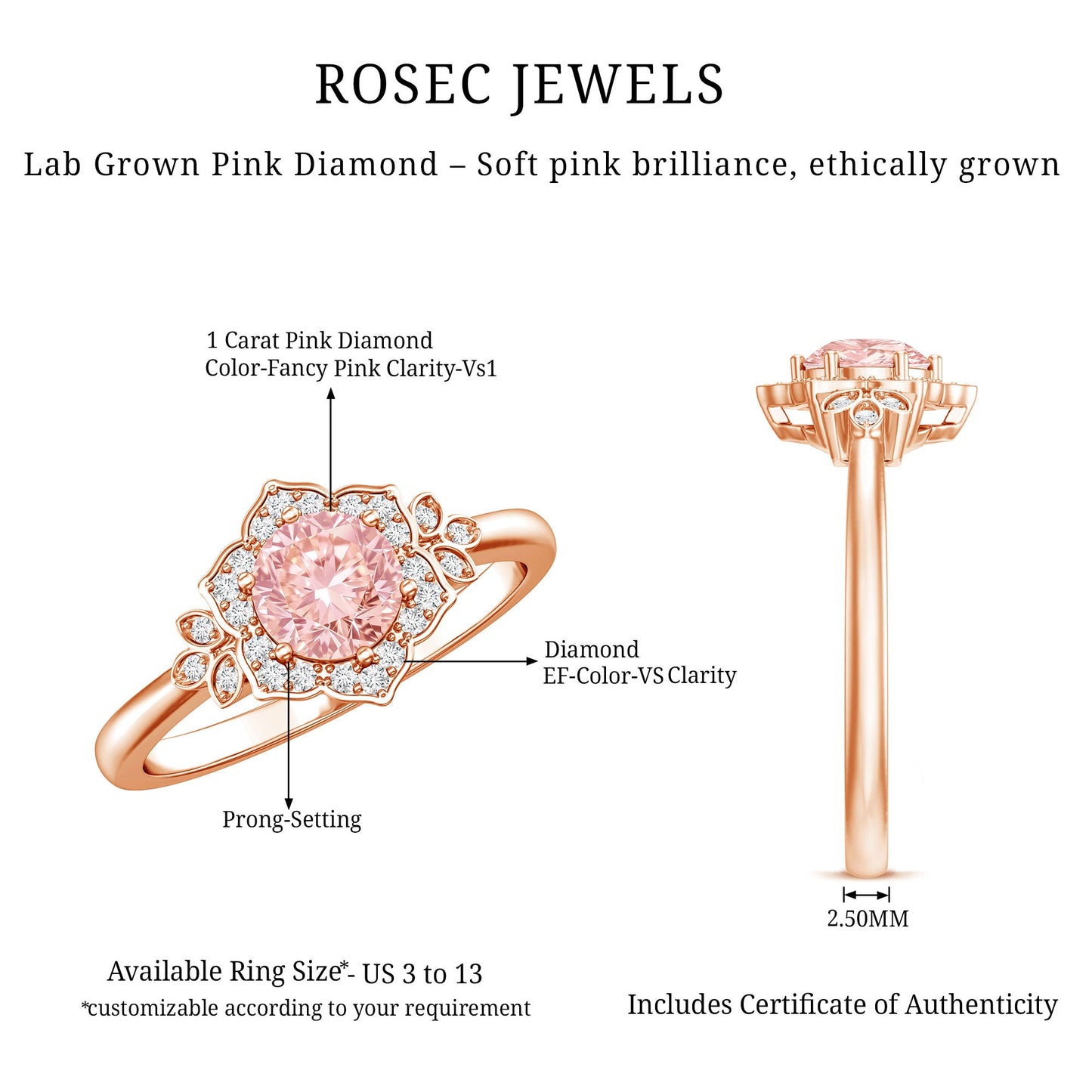 Pink and White Lab Grown Diamond Designer Engagement Ring with IGI Certificate