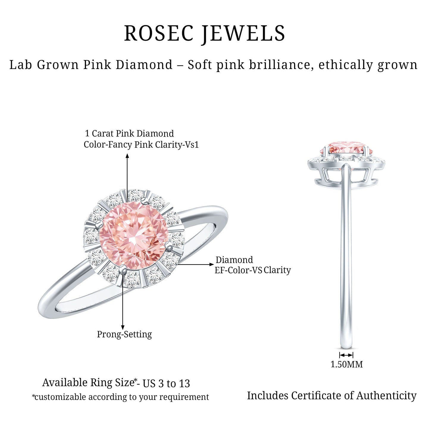 Fancy Intense Pink Lab Grown Diamond Halo Engagement Ring with IGI Certificate