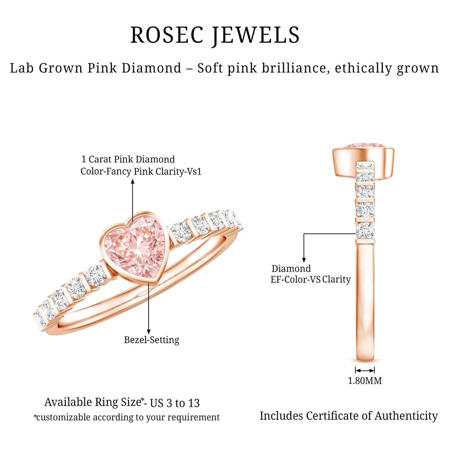 IGI Certified 1 CT Lab Grown Pink Diamond Heart Engagement Ring with Side Stones