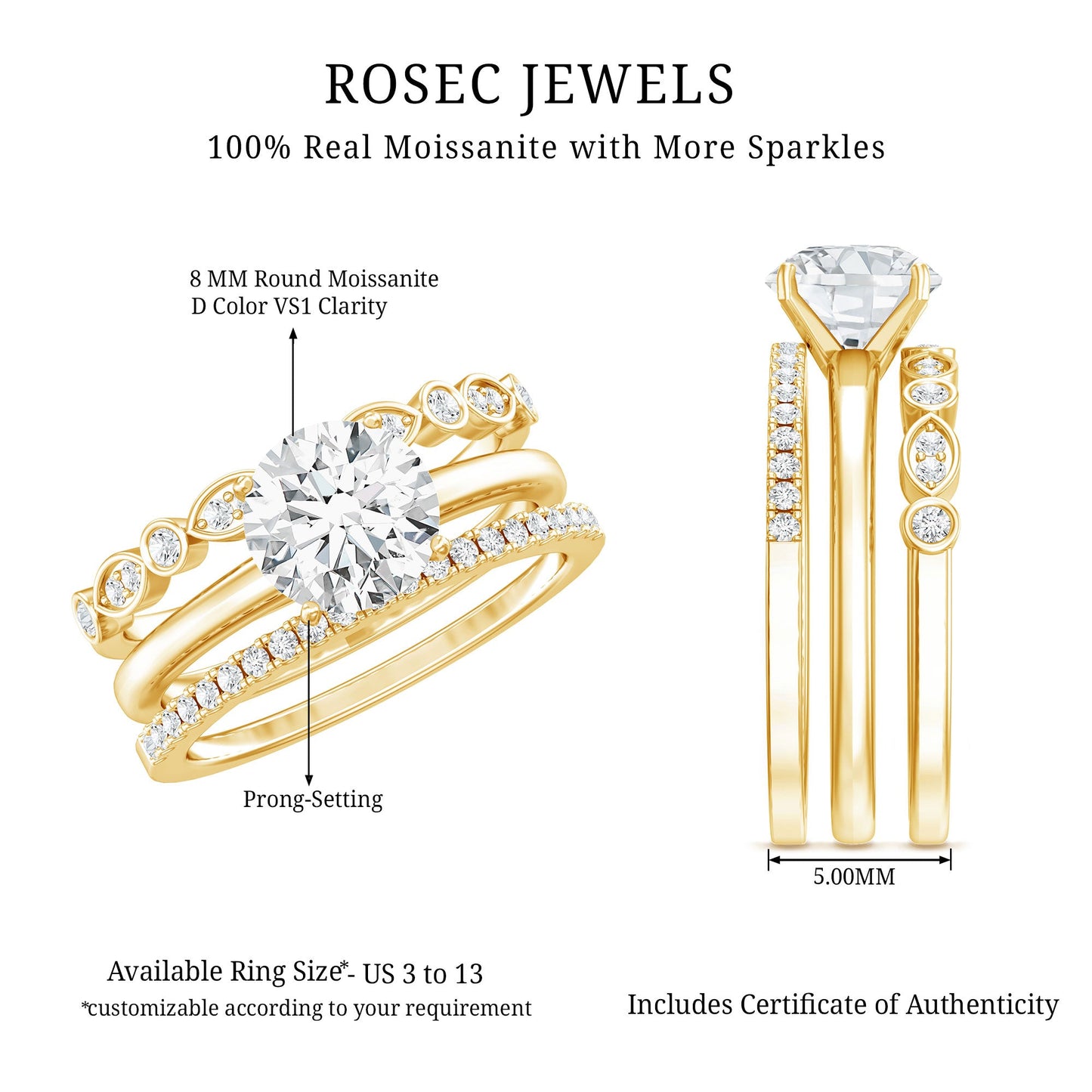 Round shape Solitaire Moissanite Trio Wedding Ring Set