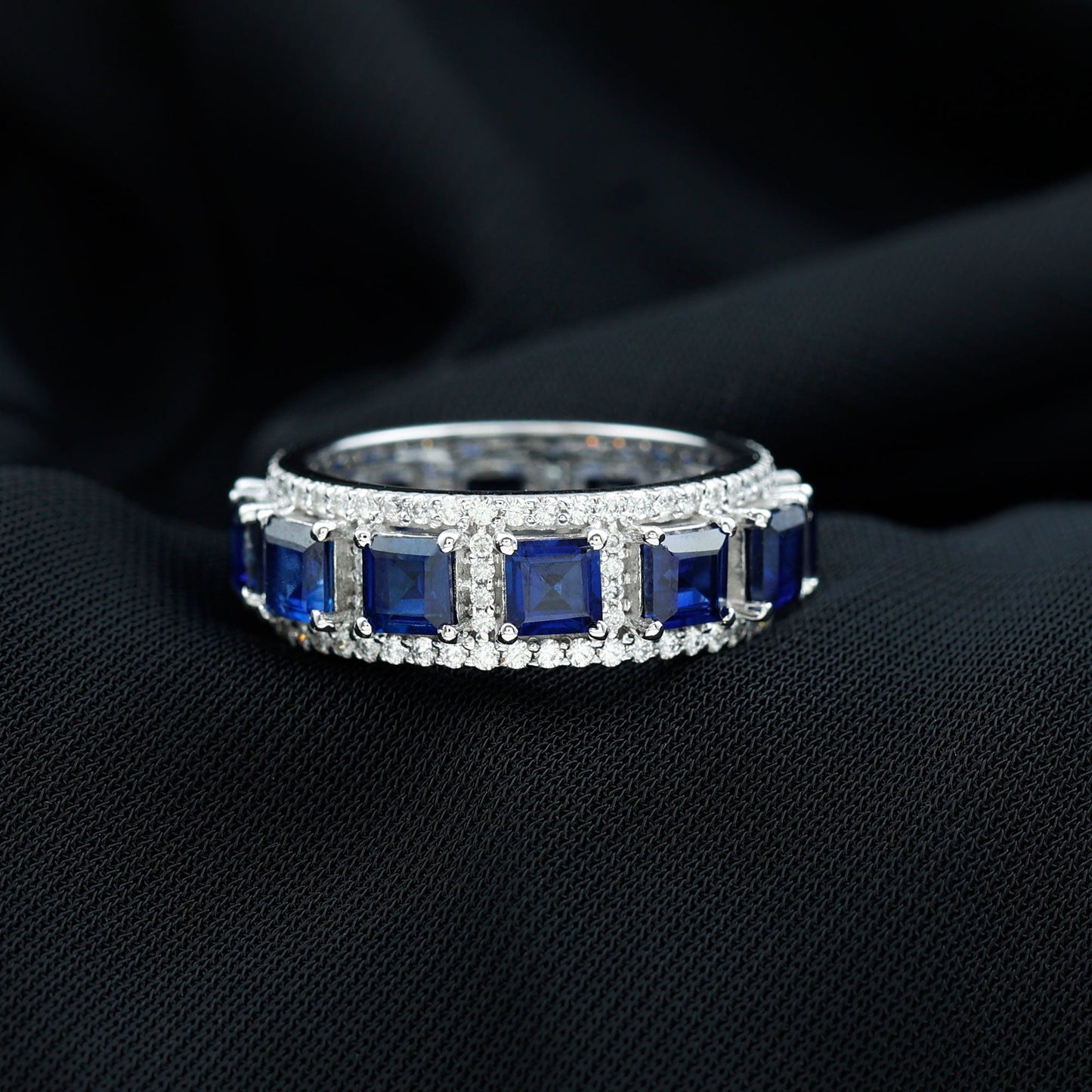 Princess Cut Lab Created Blue Sapphire Statement Wedding Band with Moissanite