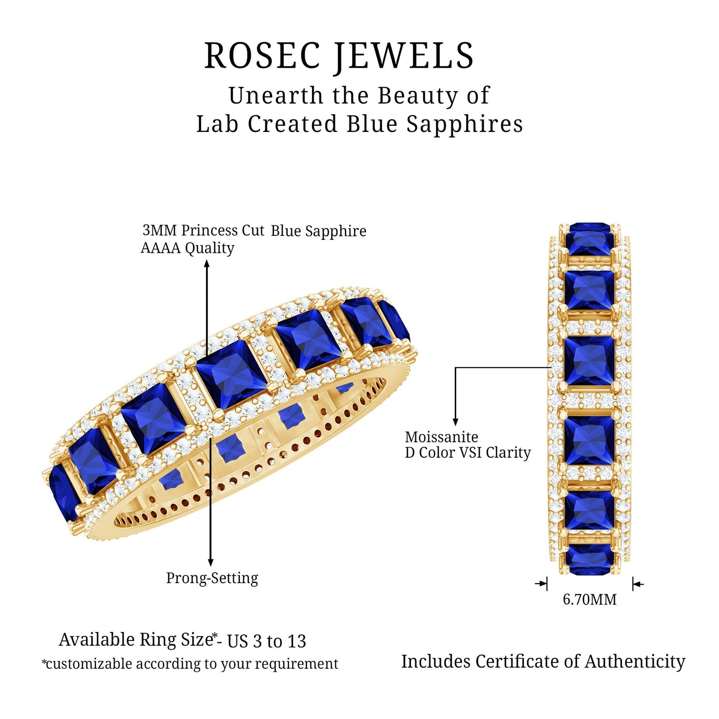 Princess Cut Lab Created Blue Sapphire Statement Wedding Band with Moissanite