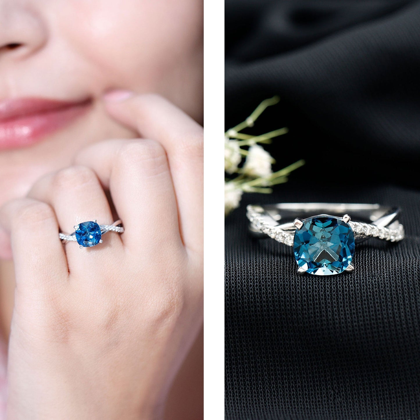 2.8 Carat Cushion Cut London Blue Topaz Solitaire Engagement Ring with Diamond Crossover Shank