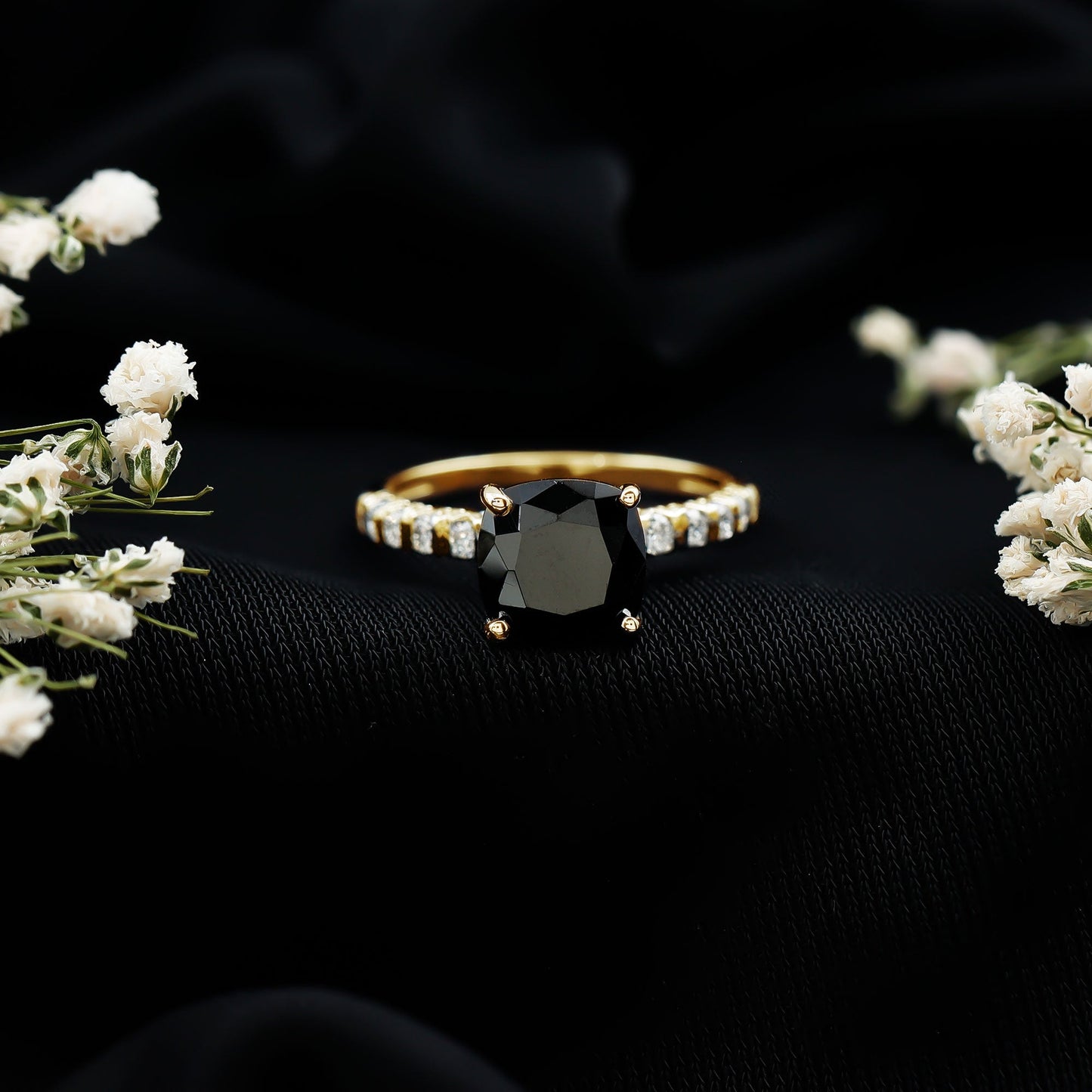 Cushion Cut Created Black Diamond and Diamond Solitaire Ring