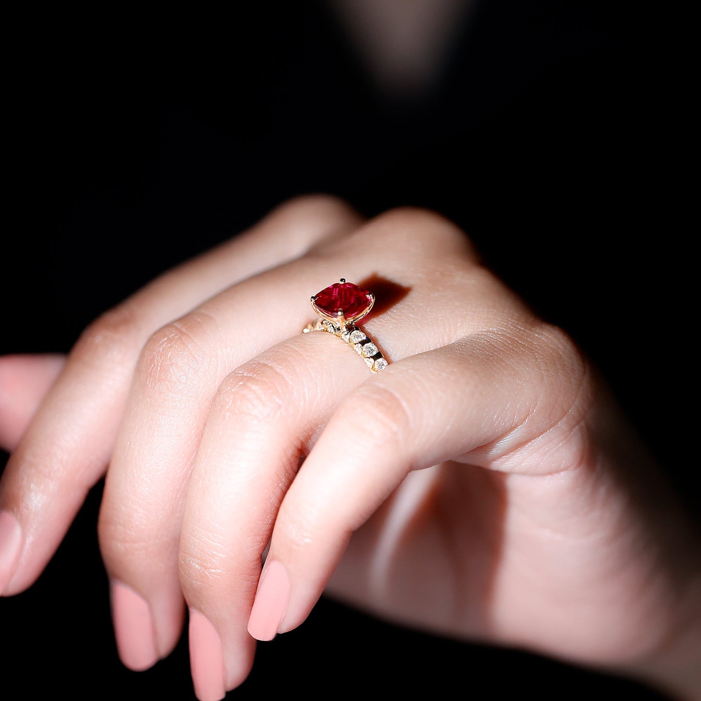 2 Carat Cushion Cut Lab Created Ruby Engagement Ring with Diamond Side Stones