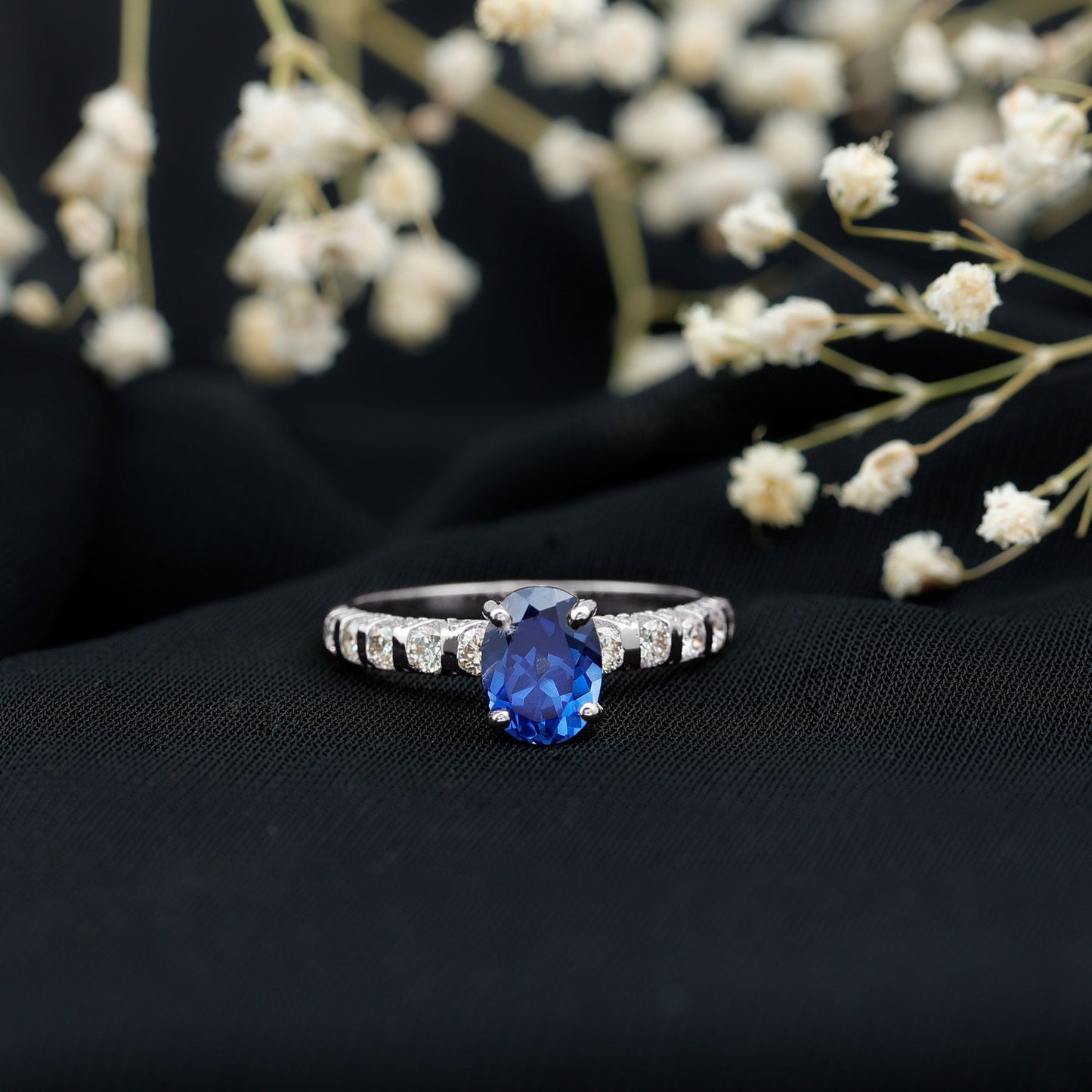 Certified 1.5 Carat Oval Lab Grown Blue Sapphire Engagement Ring with Diamond