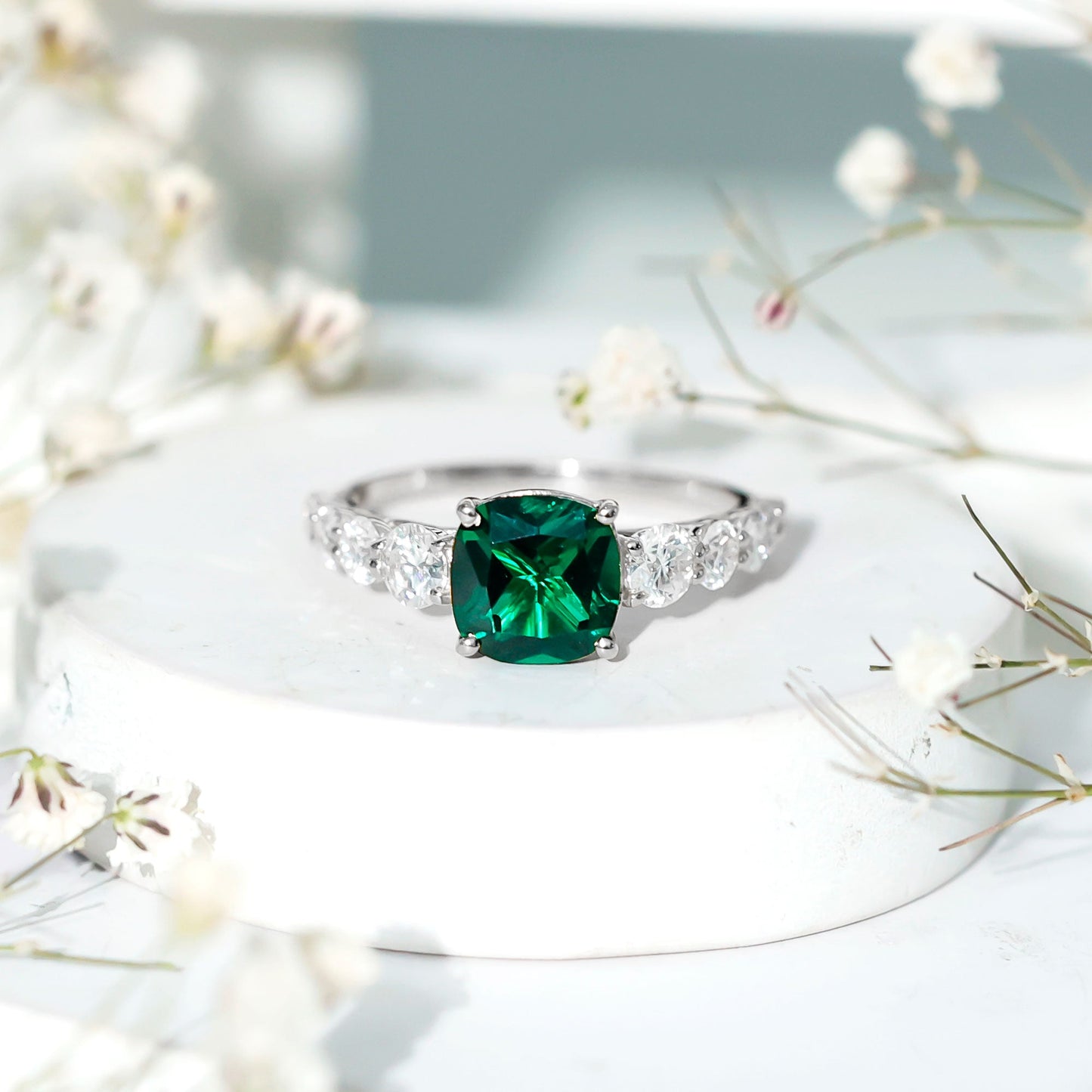 Lab Grown Emerald 2 Carat Cushion Engagement Ring with Moissanite Side Stones