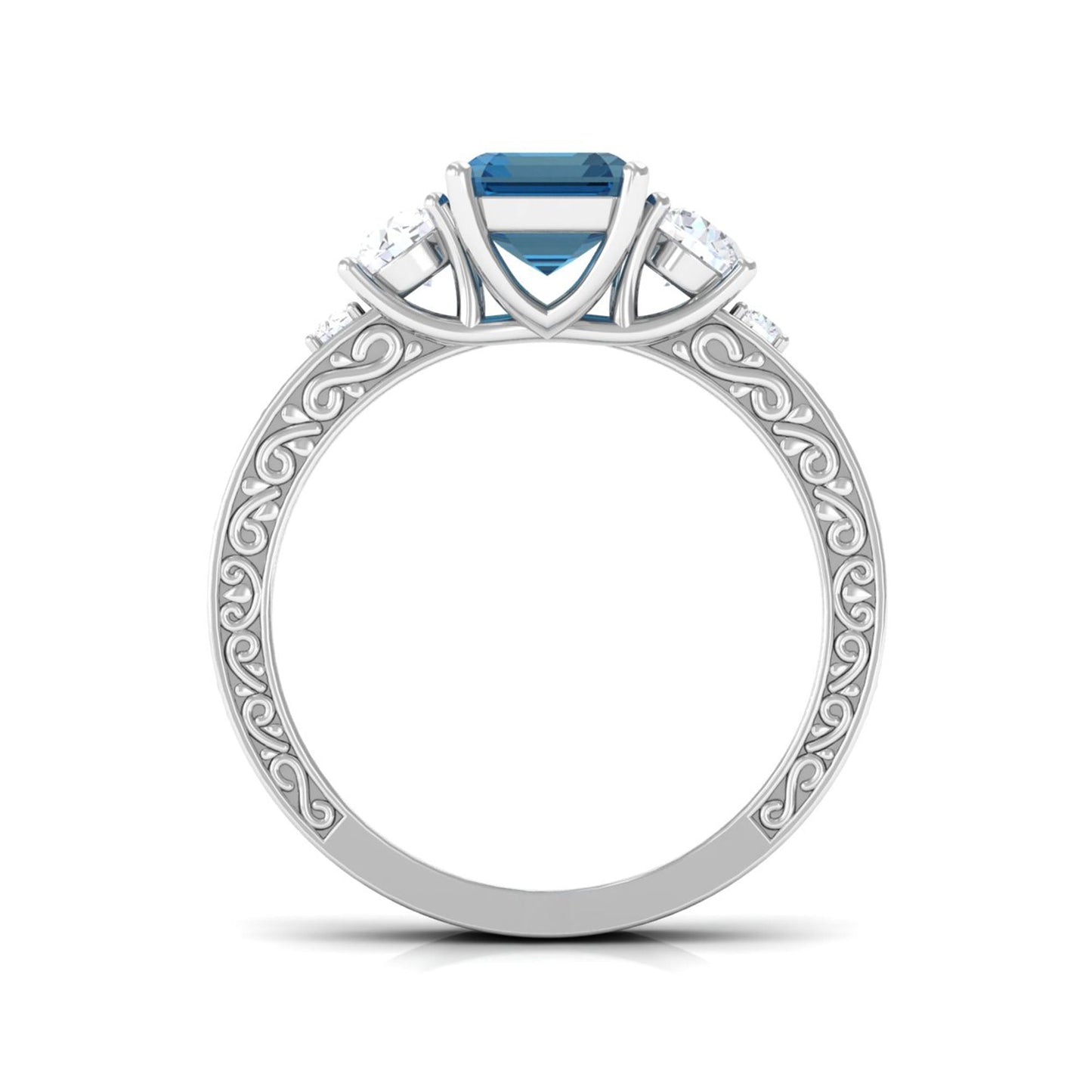 2.25 Carat Emerald Cut London Blue Topaz Statement Ring with Engraved Shank