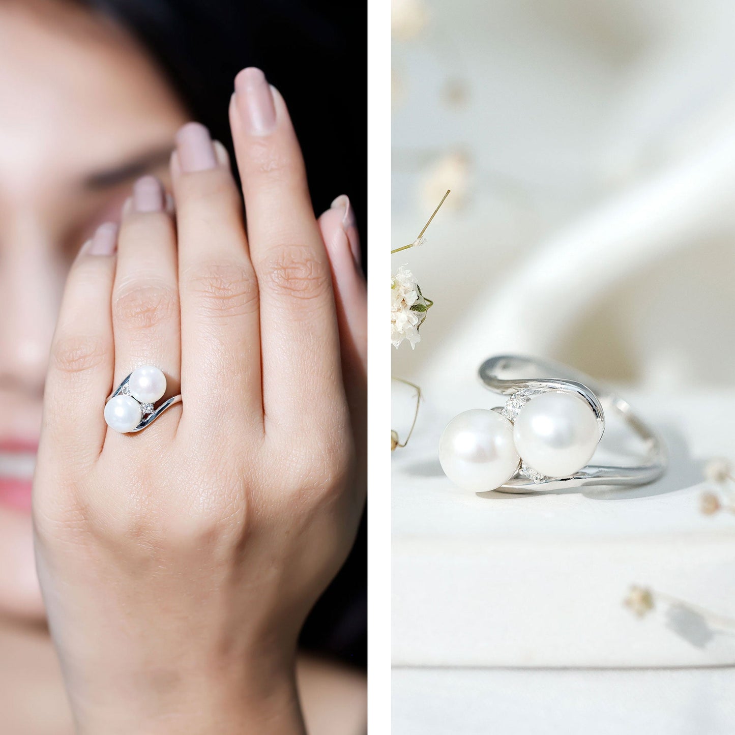Freshwater Pearl Toi Et Moi Engagement Ring with Diamond