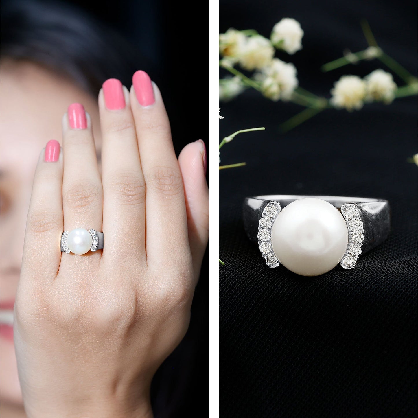 8 Carat Freshwater Pearl Statement Engagement Ring with Diamond