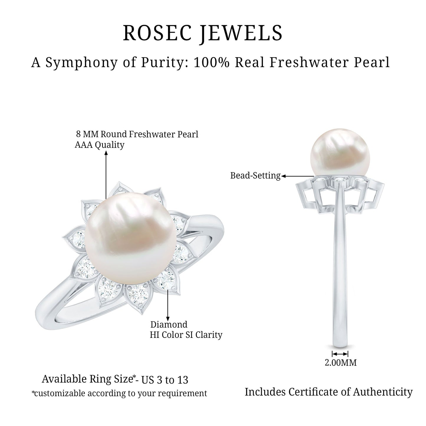 Natural 7.4 Carat Freshwater Pearl Flower Engagement Ring with Diamond