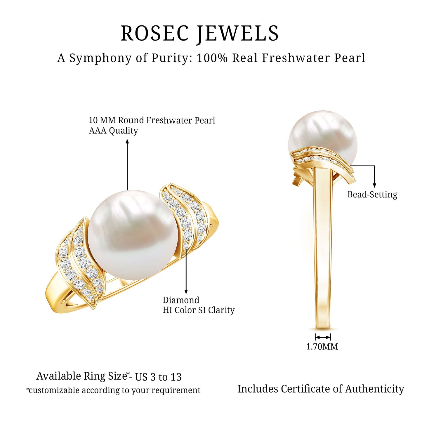 Real 8 Carat Freshwater Pearl Engagement Ring with Diamond for Women