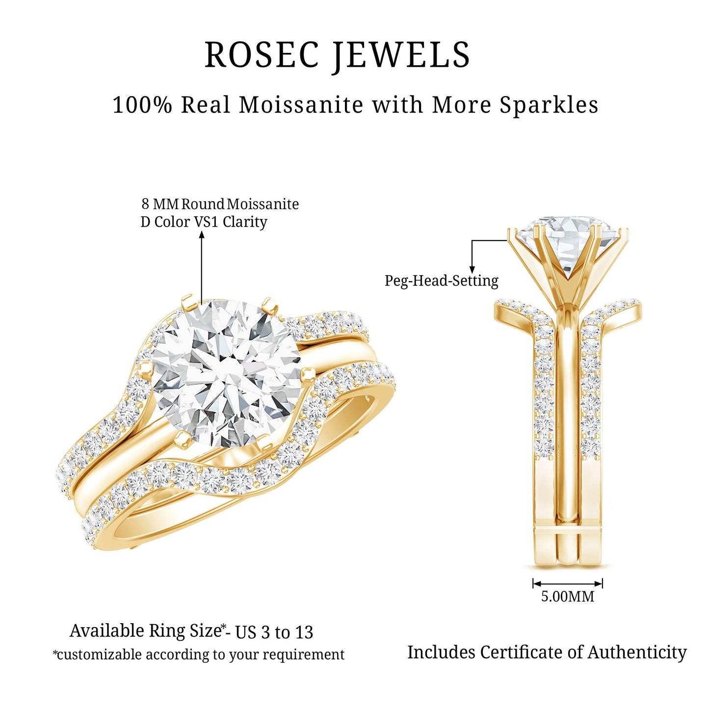 Certified 2 Carat Solitaire Moissanite Engagement Ring with 2 Enhancers
