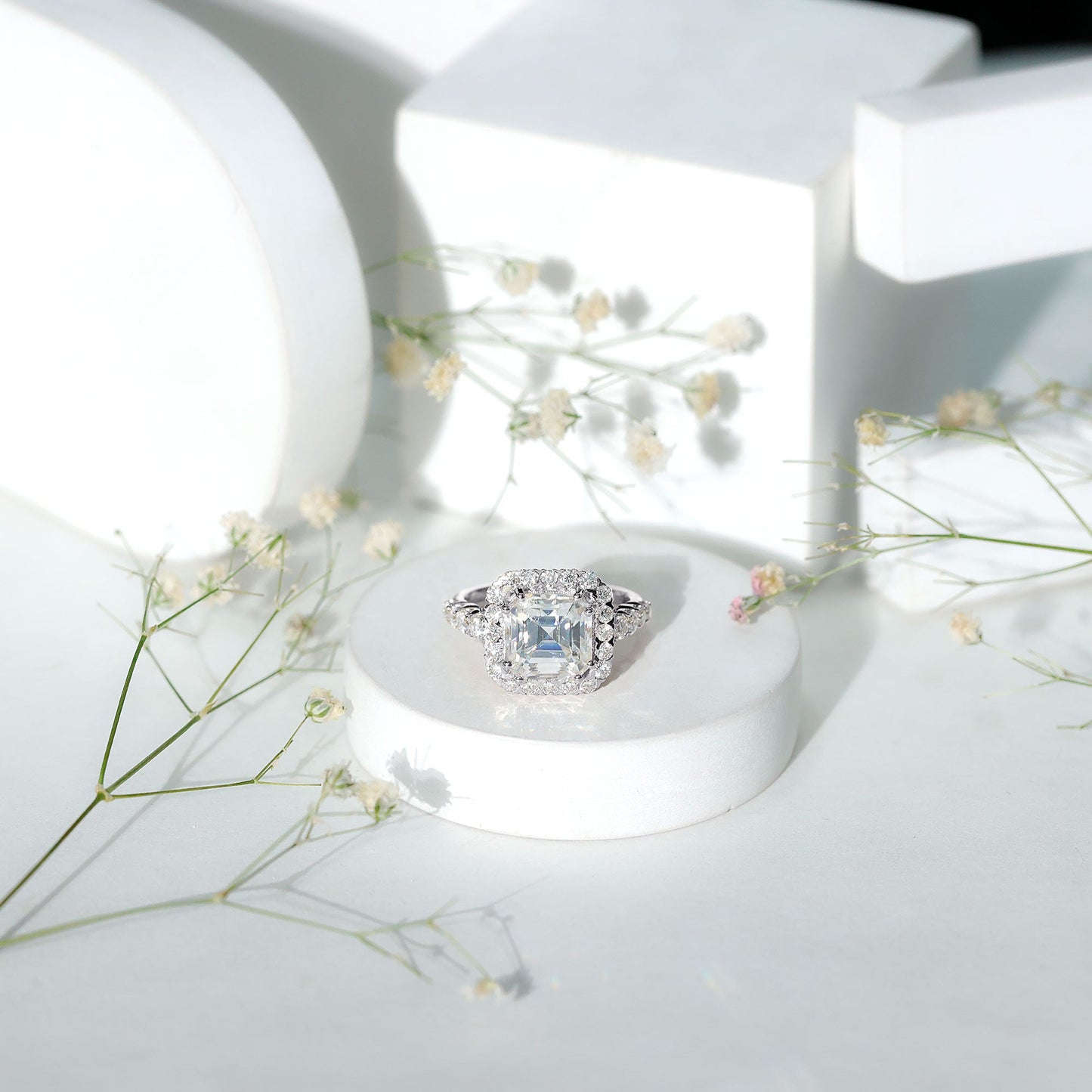 2.5 Carat Certified Asscher Cut Moissanite Halo Engagement Ring