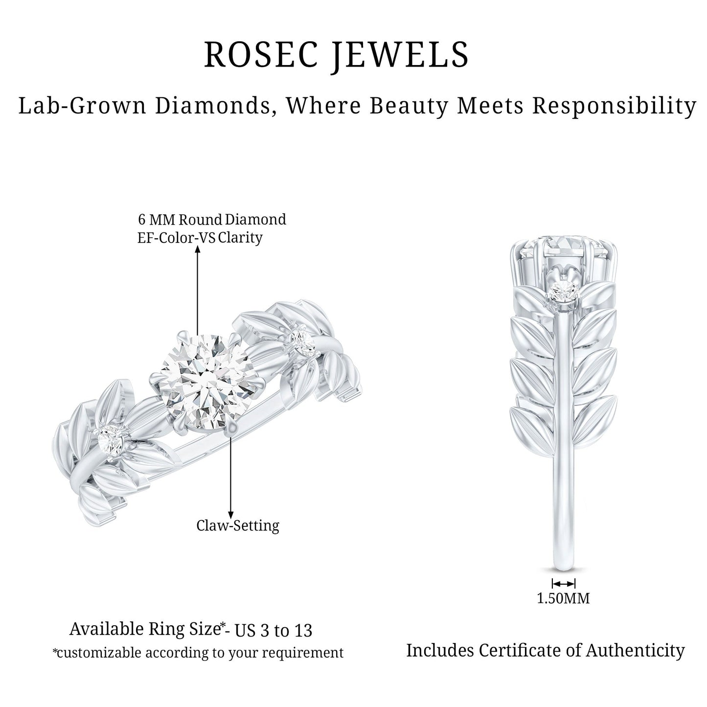 0.9 Carat Lab Grown Diamond Nature Inspired Engagement Ring