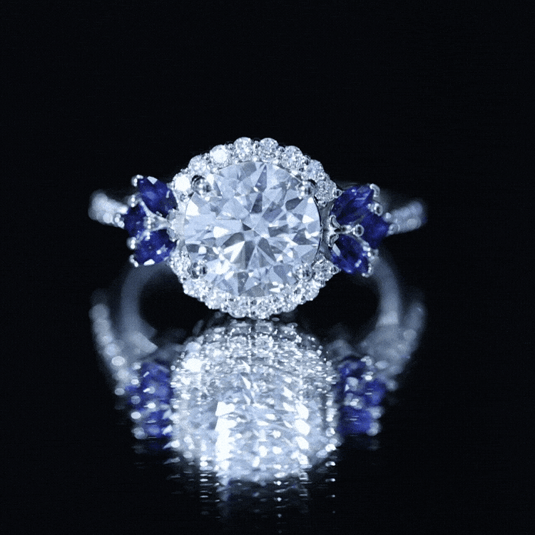 3 Carat Lab Grown Diamond Halo Engagement Ring With Blue Sapphire