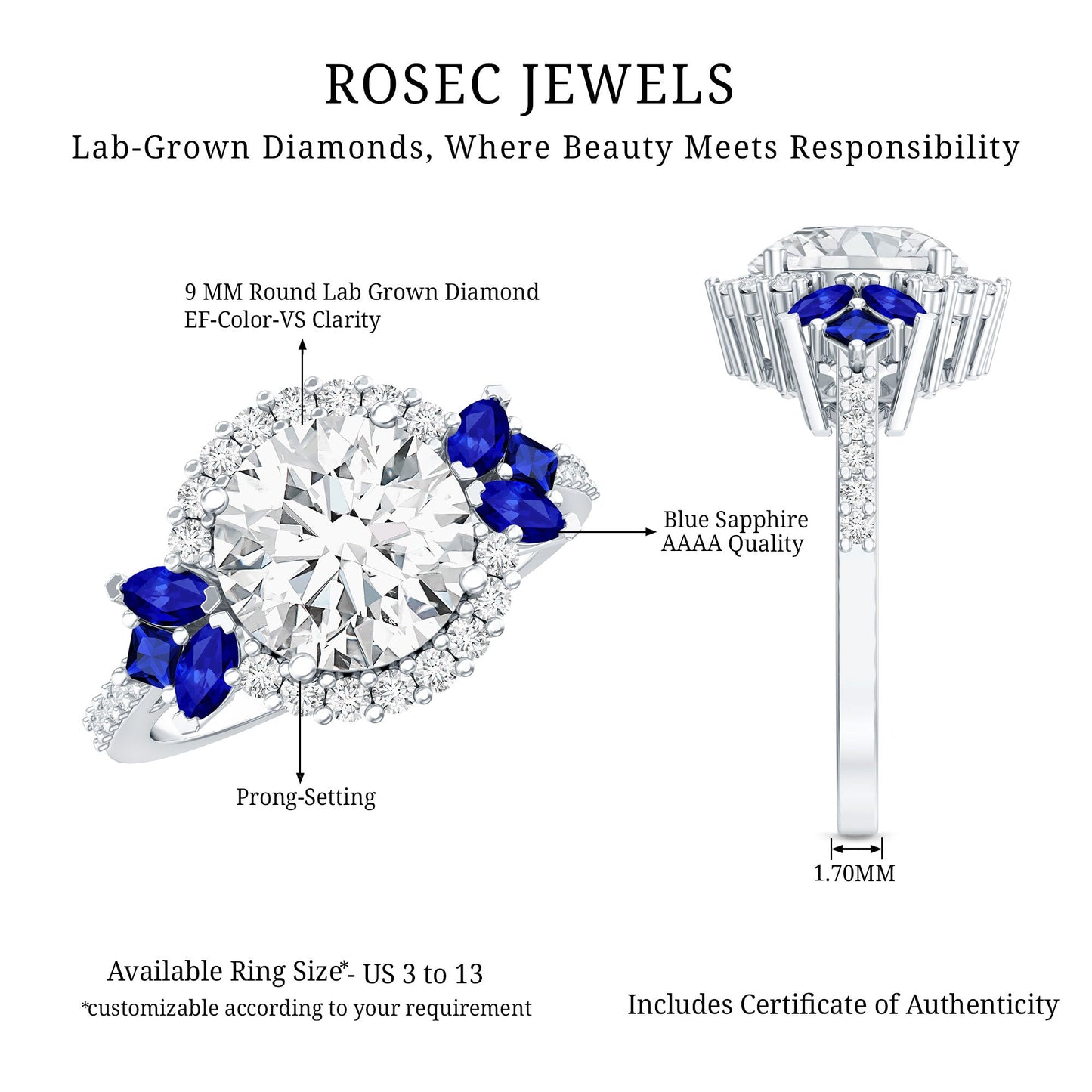 3 Carat Lab Grown Diamond Halo Engagement Ring With Blue Sapphire